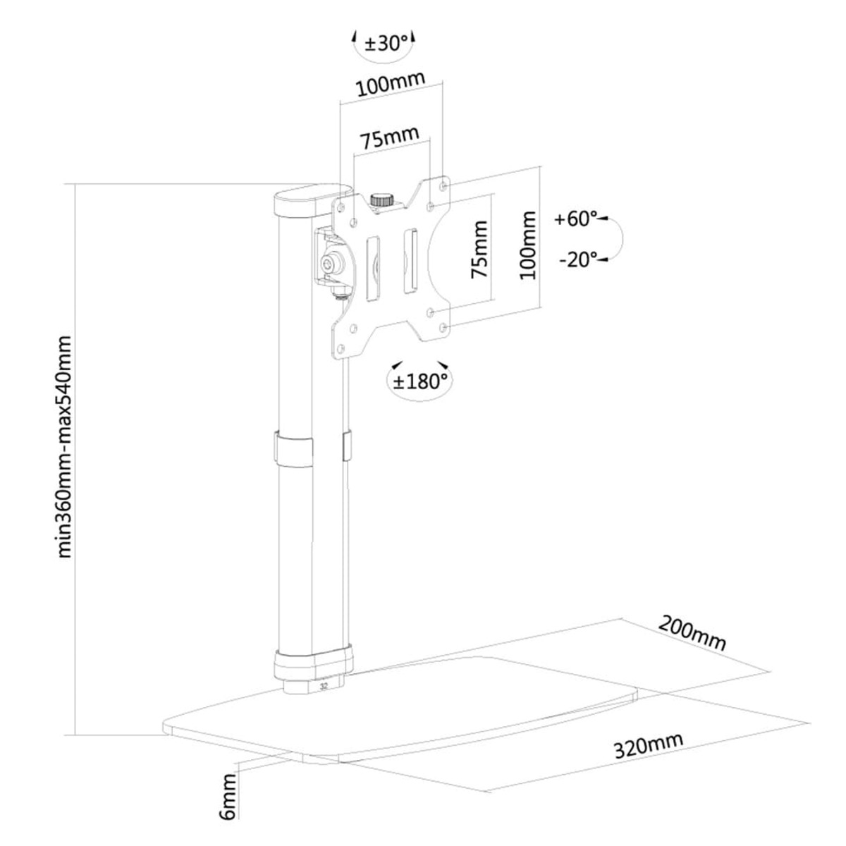 Technische tekening van een monitorstandaard in zwart, met afmetingen en hoeken.