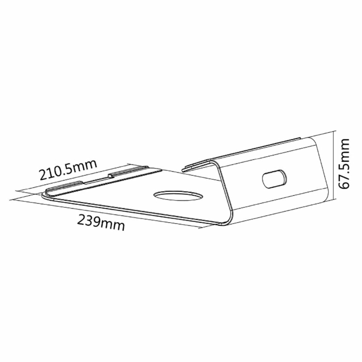 A metal bracket with measurements. The dimensions are 210.5mm x 239mm x 67.5mm.