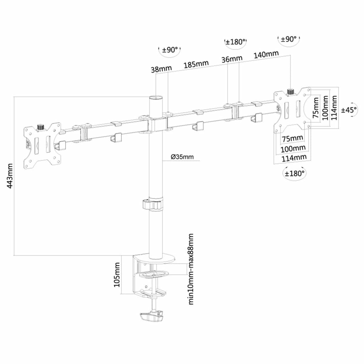 Diagramma di un braccio per doppio monitor con misure e angoli.
