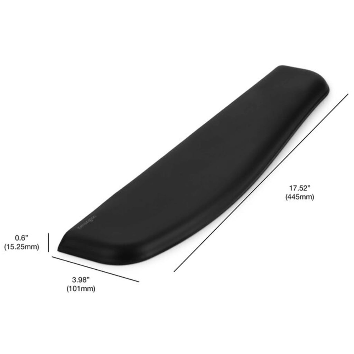 Apoyamuñecas ergonómico negro con dimensiones etiquetadas sobre fondo blanco.