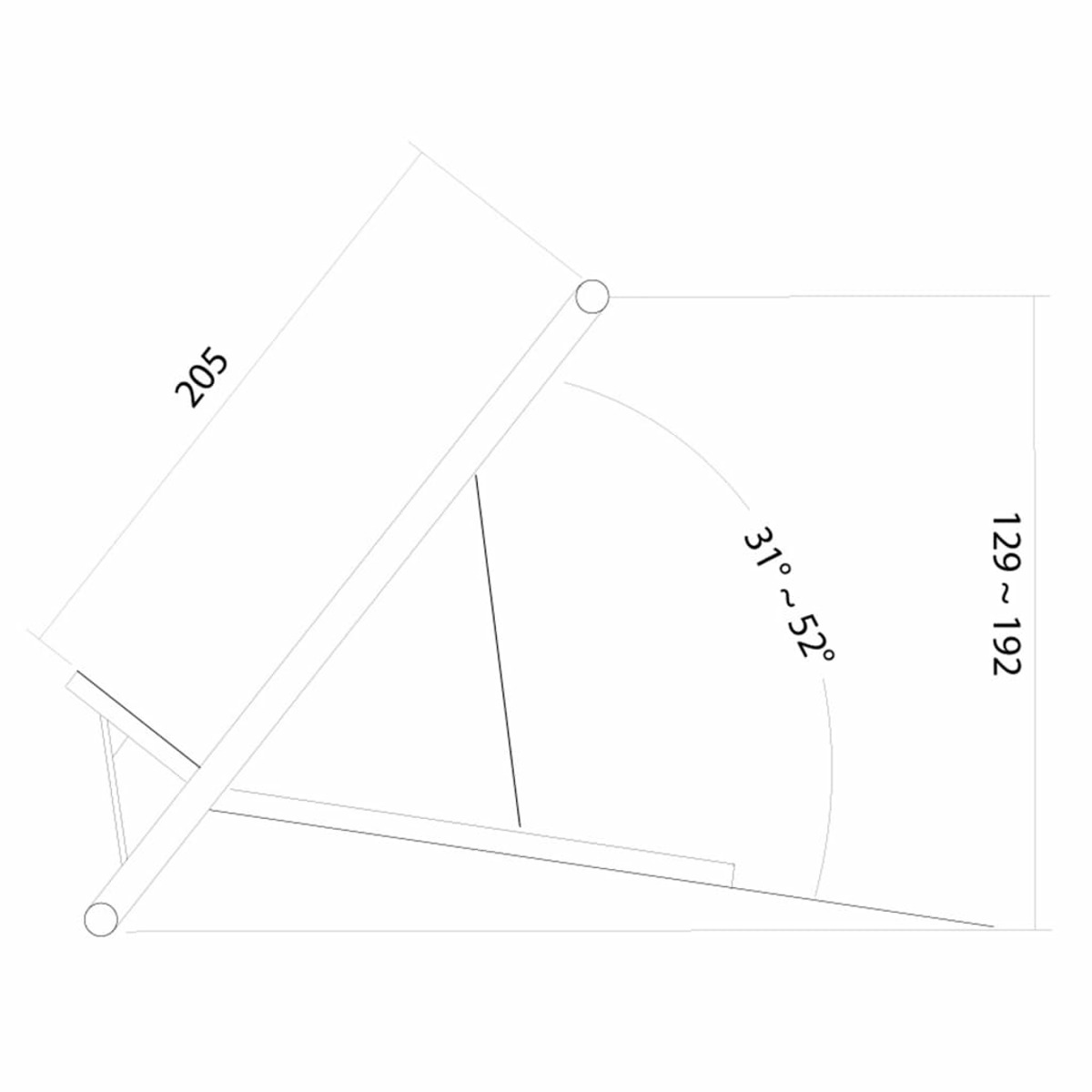 Strichzeichnung eines Ständers mit Abmessungen und Winkeln. Abmessungen sind 205, 129~192, 31°~52°.