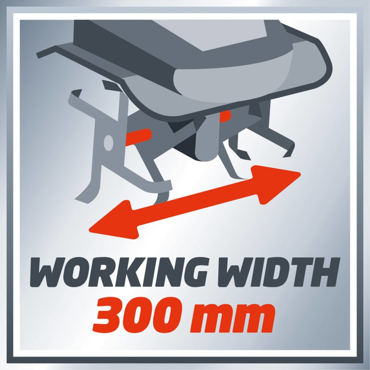 Diagramm zeigt Arbeitsbreite von 300 mm. Roter Pfeil zeigt die Messung an.