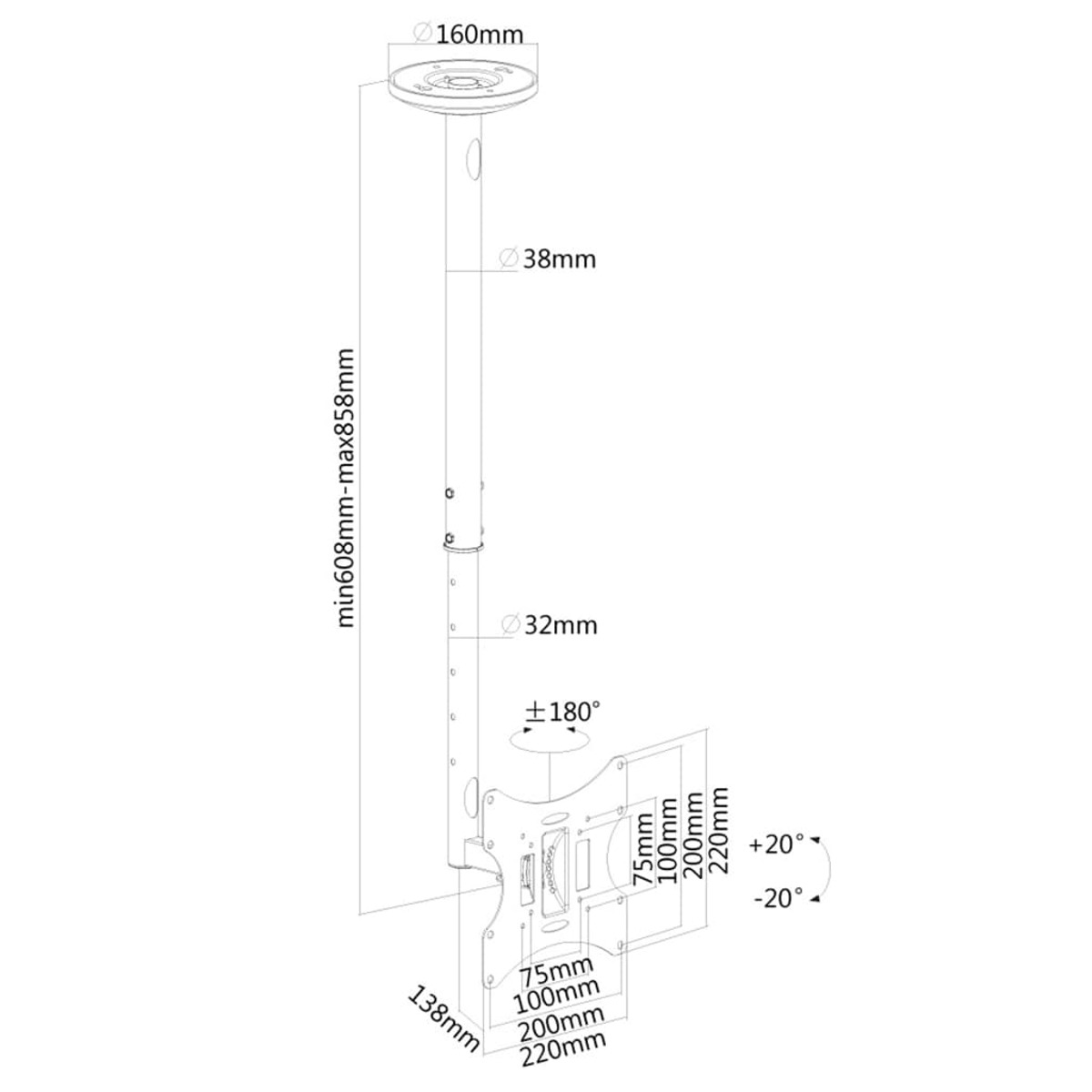 Dessin technique d'un support TV, montrant les dimensions et les angles.