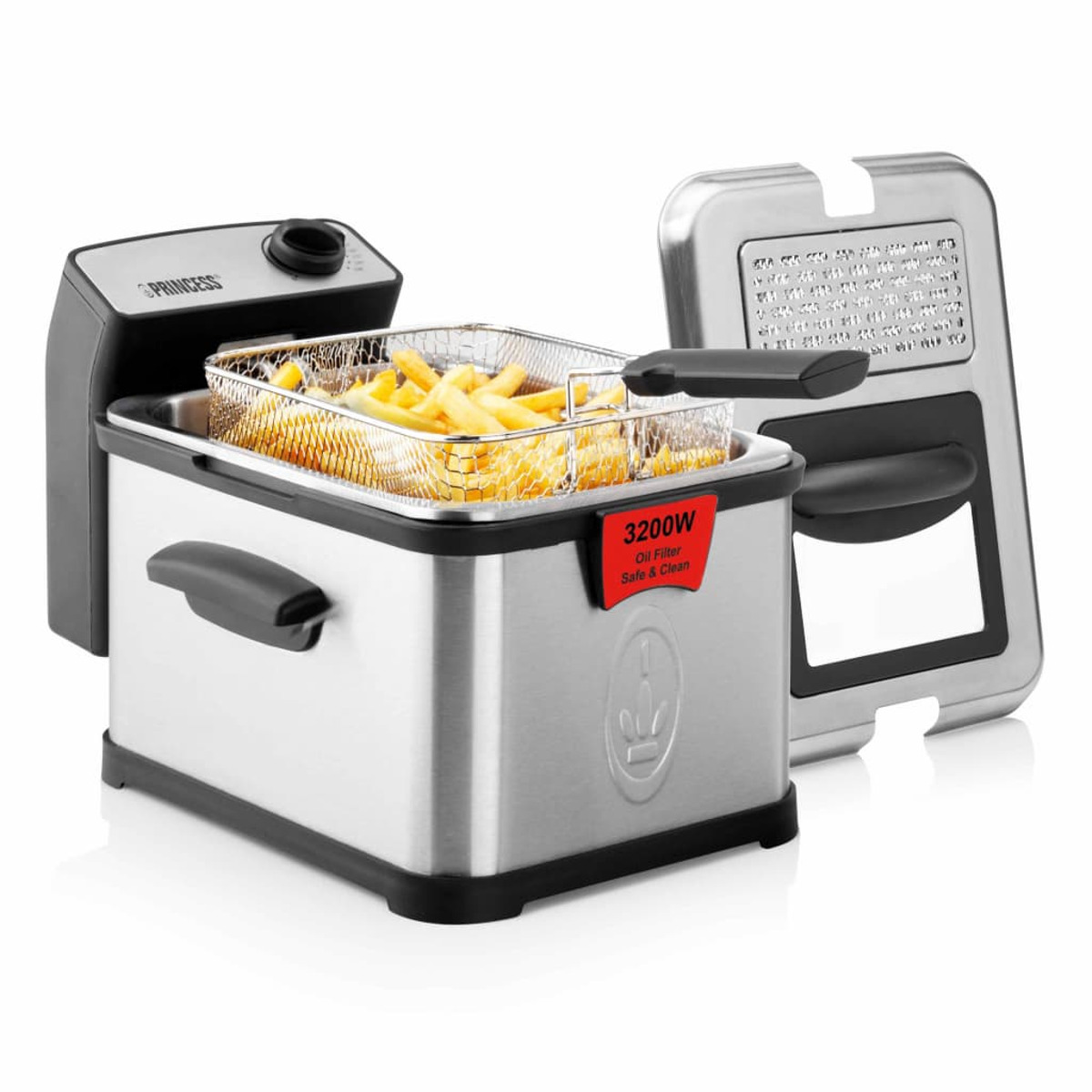 Srebrno-czarna frytkownica z frytkami w koszu, na białym tle.