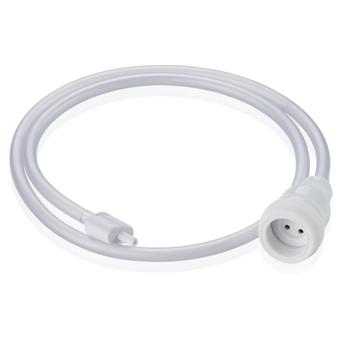 Cable blanco, flexible y enrollado con conector y enchufe blancos.