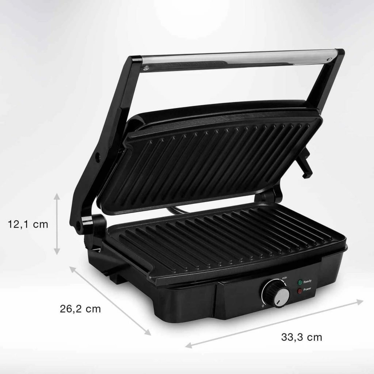 Schwarzer Grill mit offenem Deckel, Maße in cm. Ein Drehknopf und Lichter sind an der Basis sichtbar.