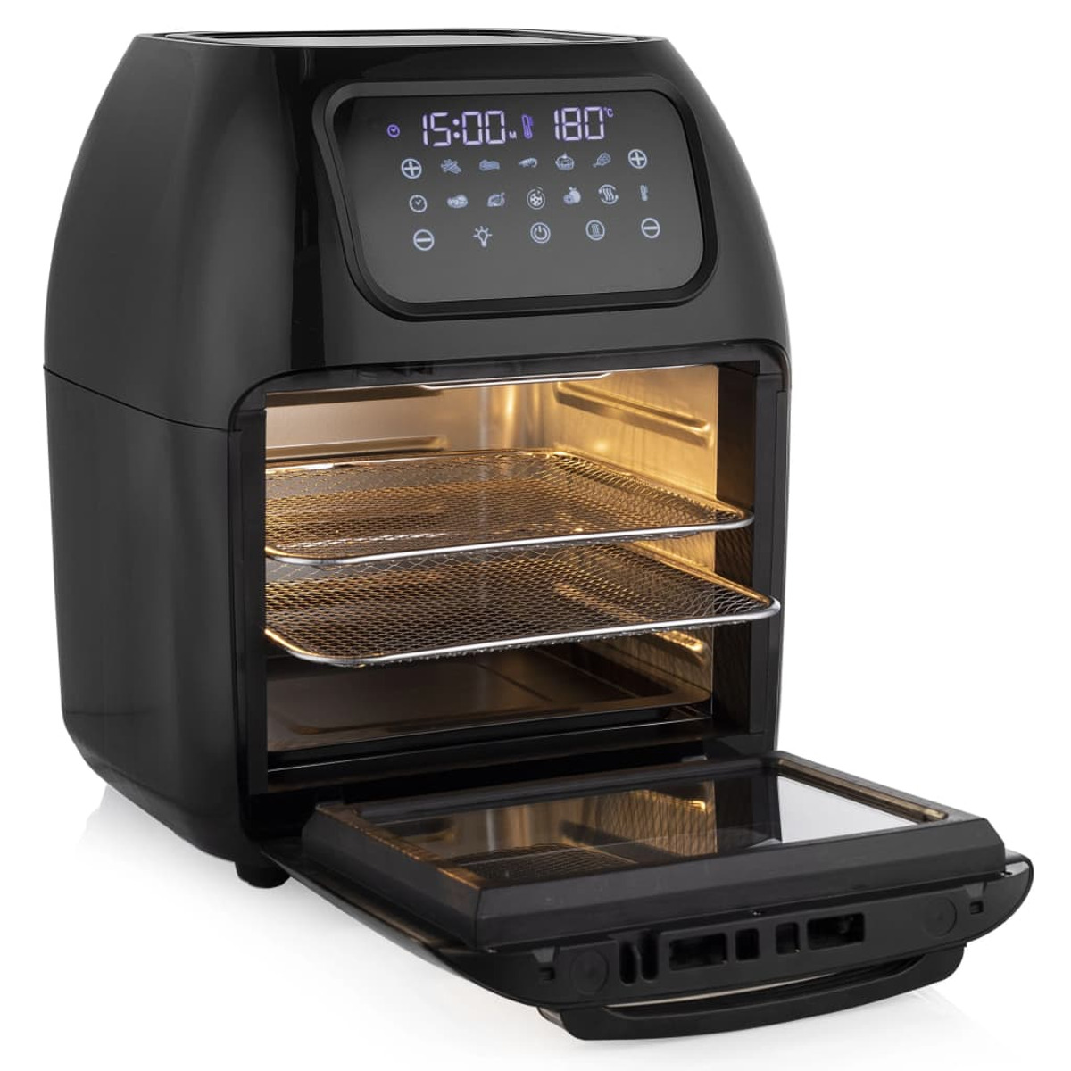 Czarna frytkownica powietrzna z otwartymi drzwiami, odsłaniająca wnętrze z tacami.