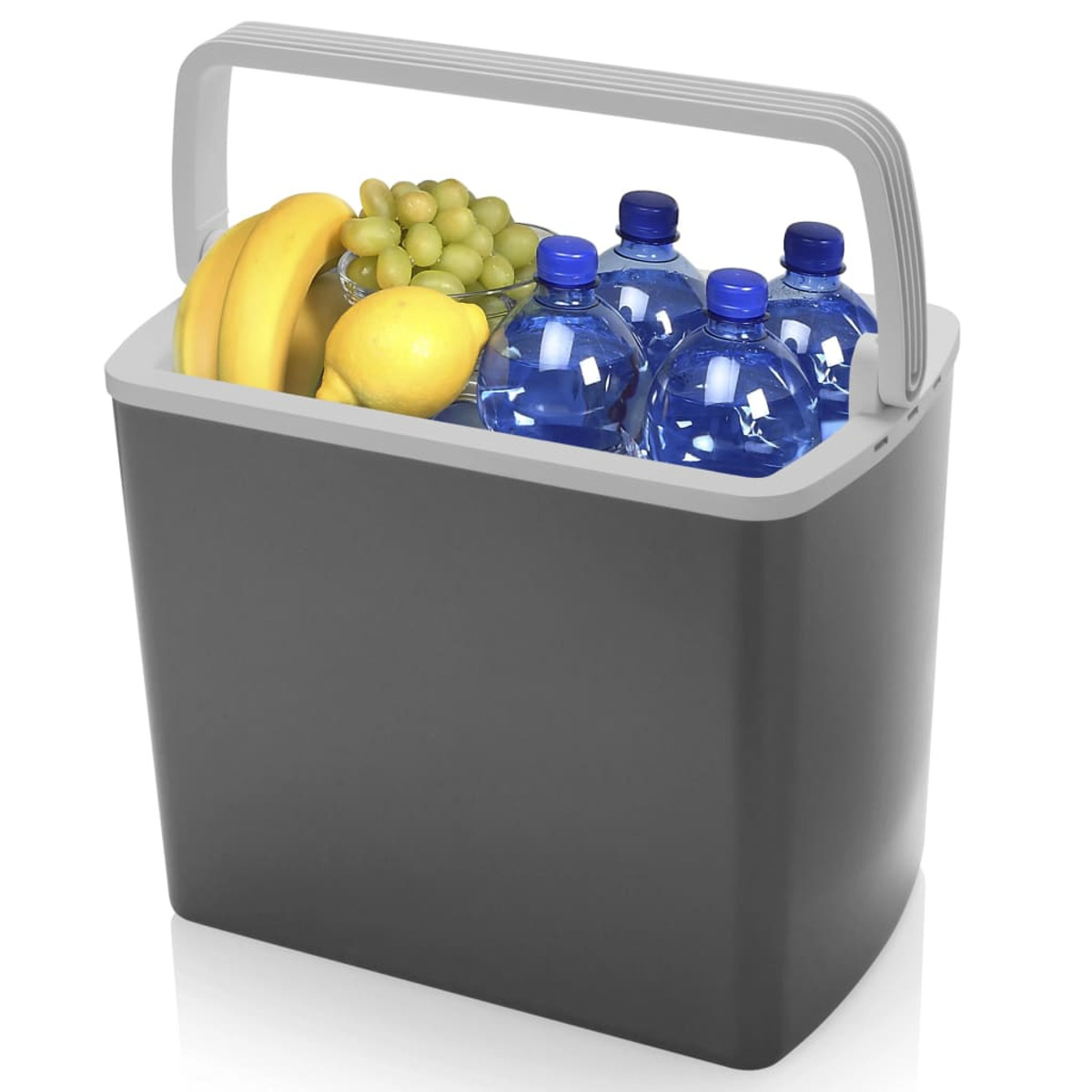 Contenitore frigo grigio pieno di bottiglie d'acqua, banane, uva e un limone.