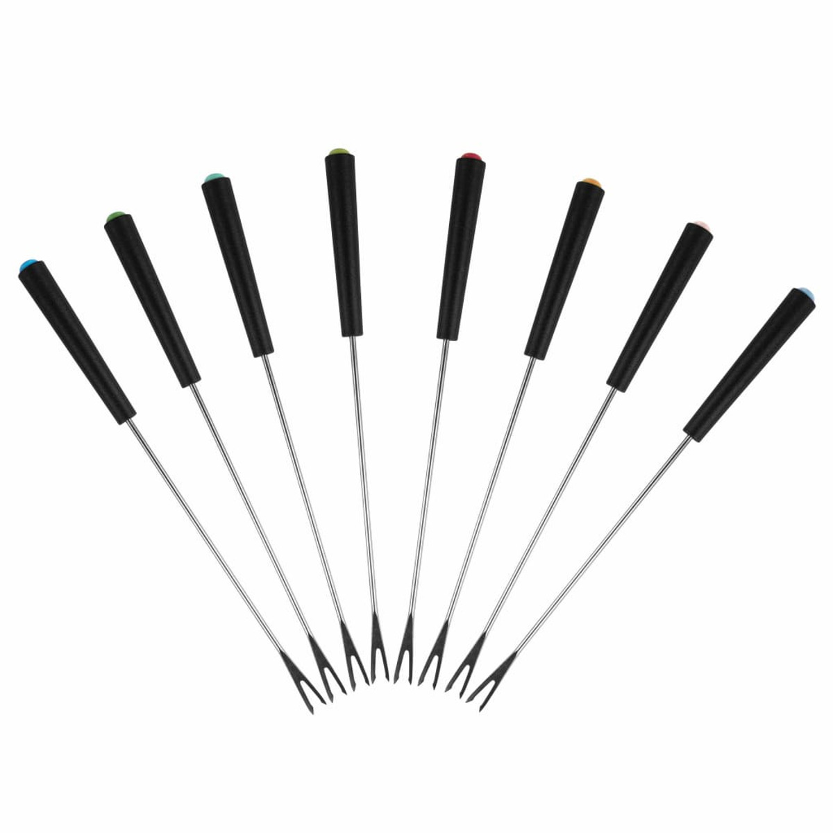 Wachlarz widelców do fondue z czarnymi uchwytami i kolorowymi końcówkami, ułożonych na białej powierzchni.