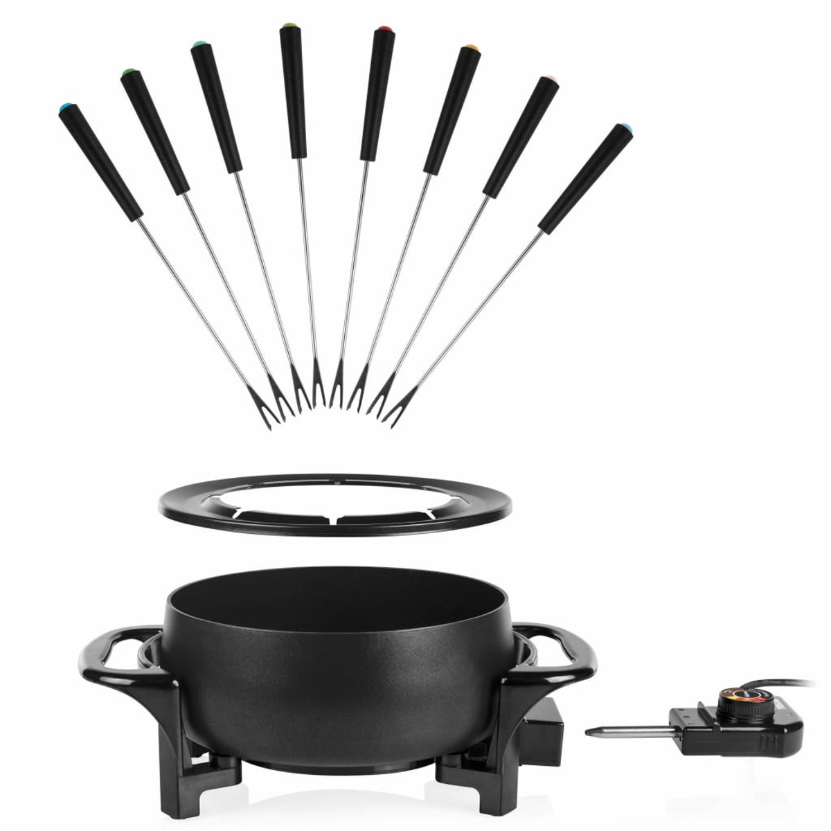 Zestaw do fondue z wieloma widelcami i garnkiem, z panelem sterowania, na białym tle.