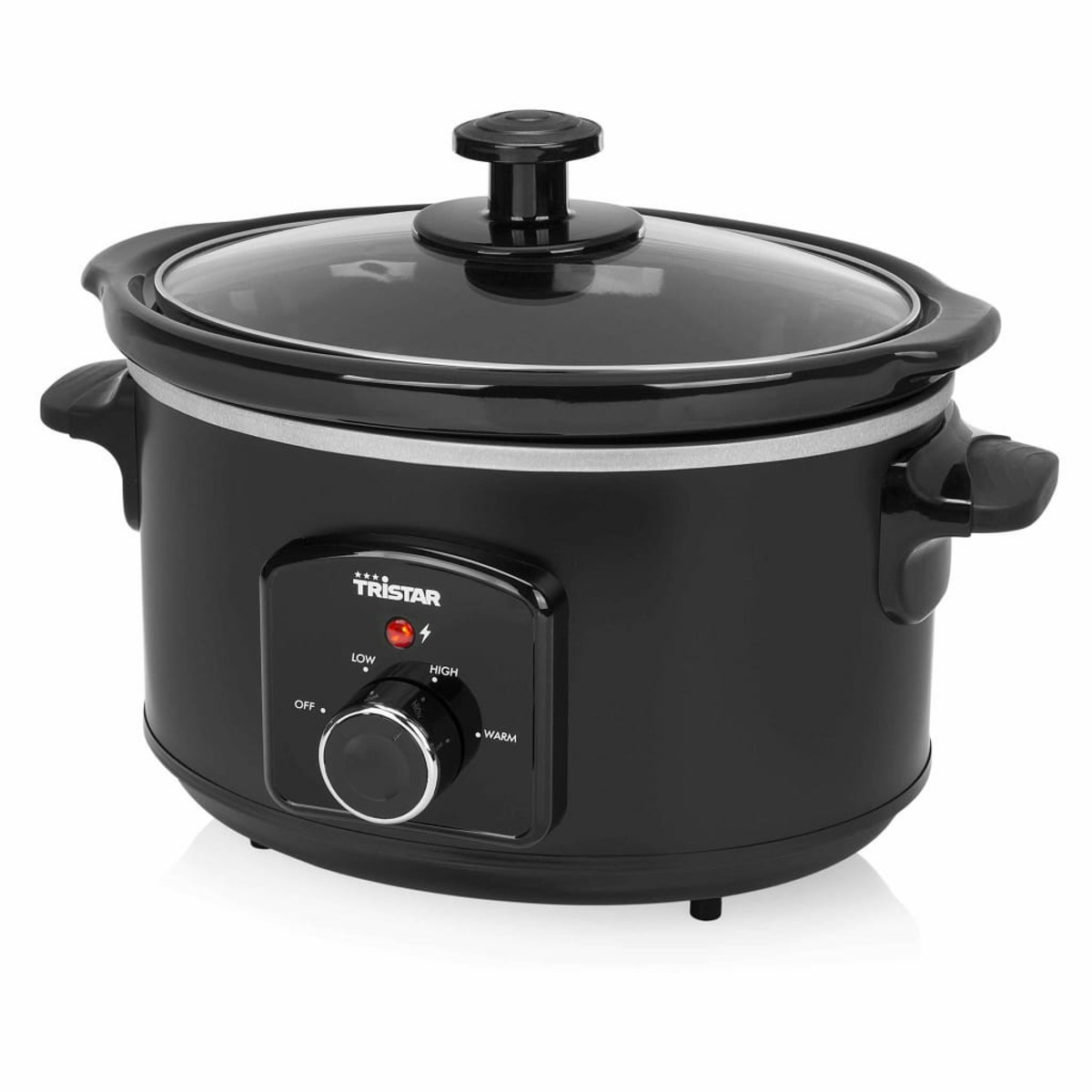 Olla de cocción lenta negra con tapa de cristal, panel de control y dial.