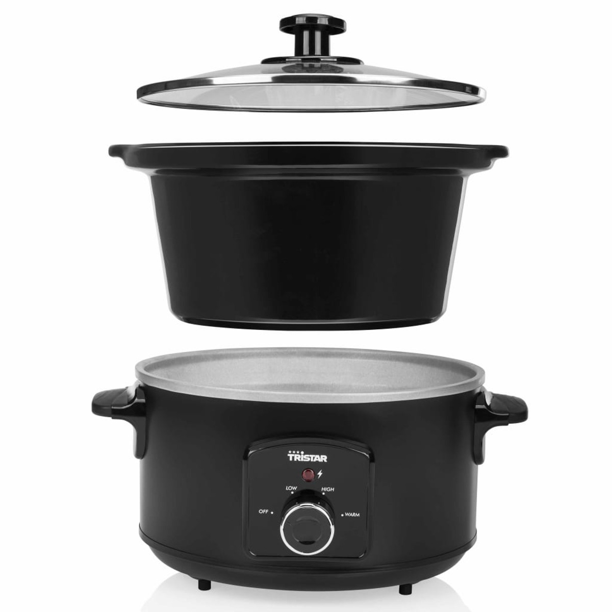 Una olla de cocción lenta negra con tapa de vidrio y panel de control. La tapa está levantada de la olla.