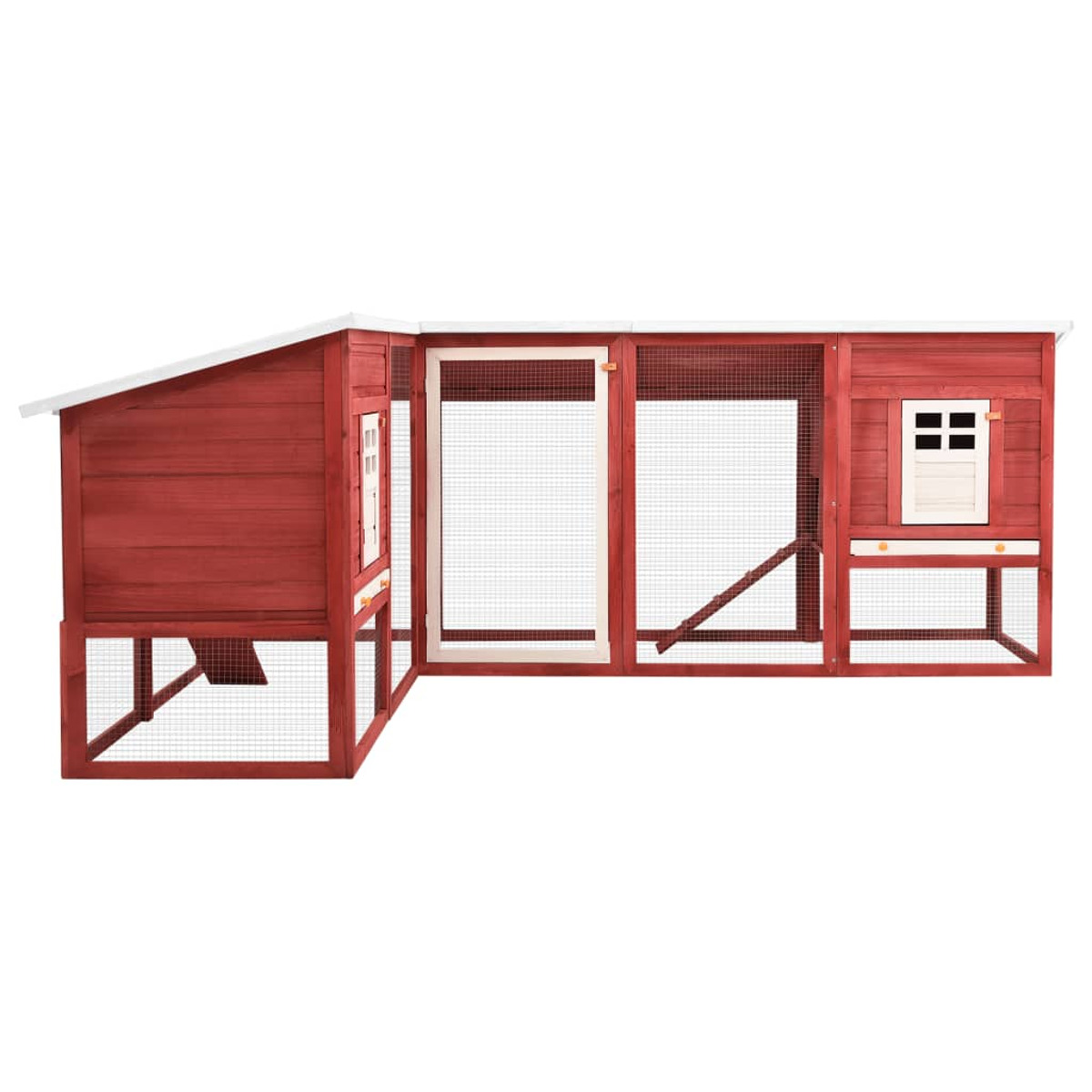 Hühnerstall aus Holz mit mehreren Abschnitten. Es hat ein rotes Äußeres, ein weißes Dach und Drahtgeflecht.