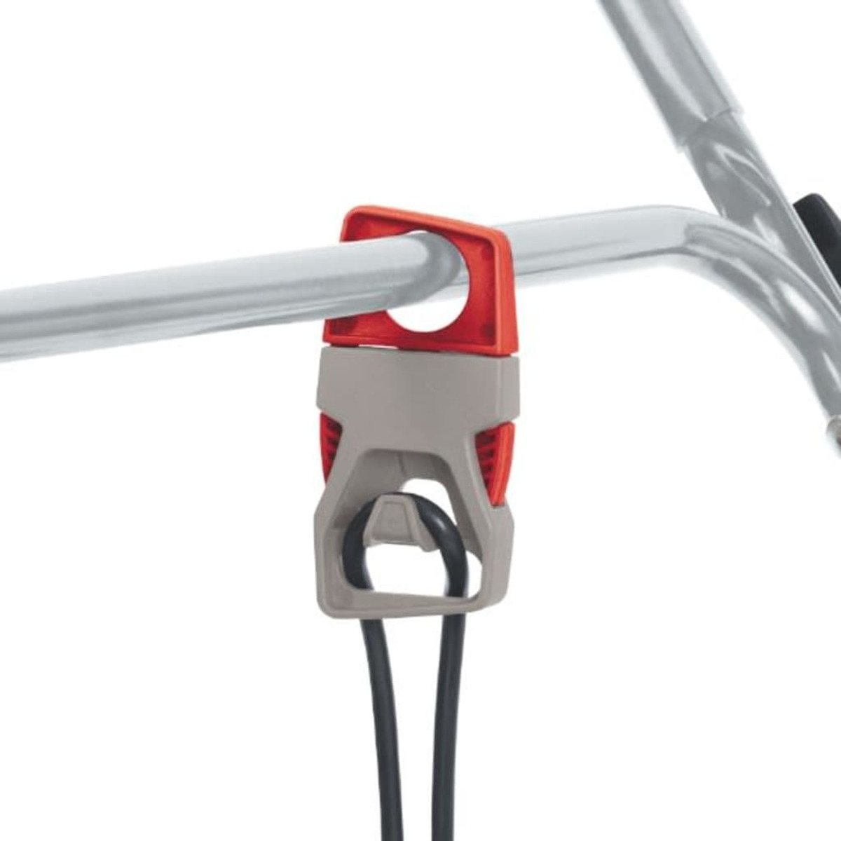 Ein rot-graues hakenförmiges Gerät, das an einer silbernen Metallstange befestigt ist.