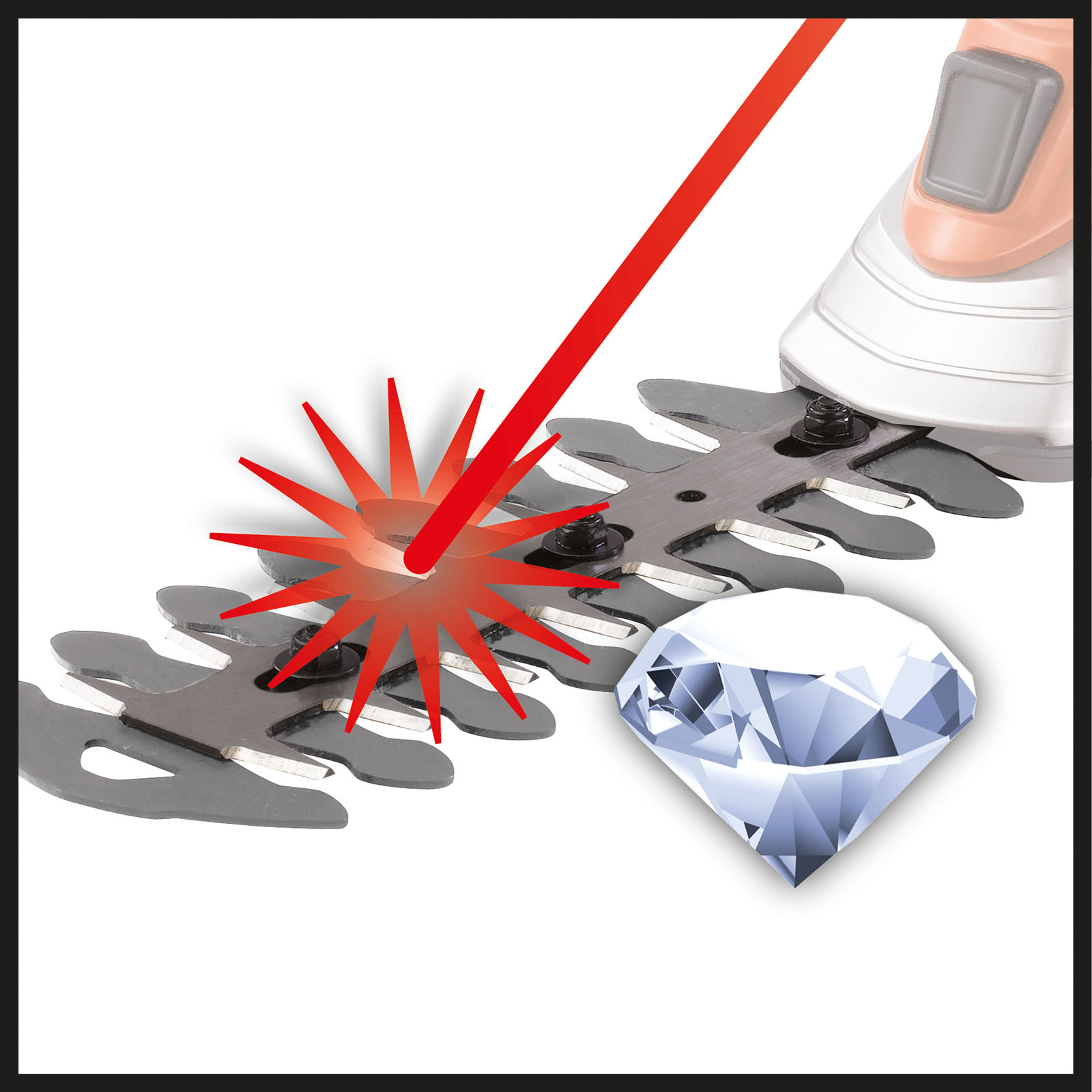 Eine Heckenschere, ein Diamant und ein roter Laserstrahl. Weißer Hintergrund.