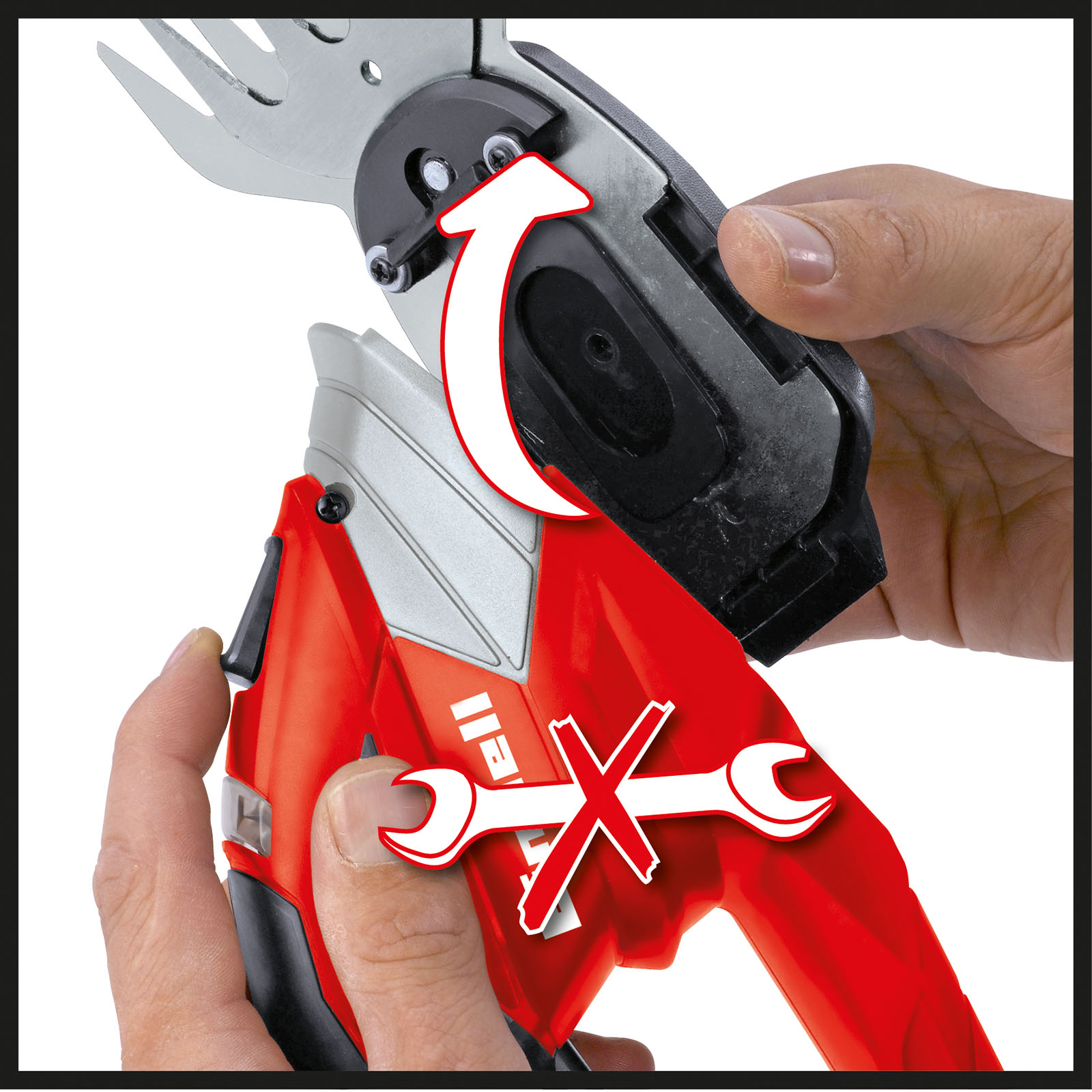 Eine rote und schwarze elektrische Heckenschere. Eine Hand zeigt mit einem Pfeil, wie man sie zerlegt.