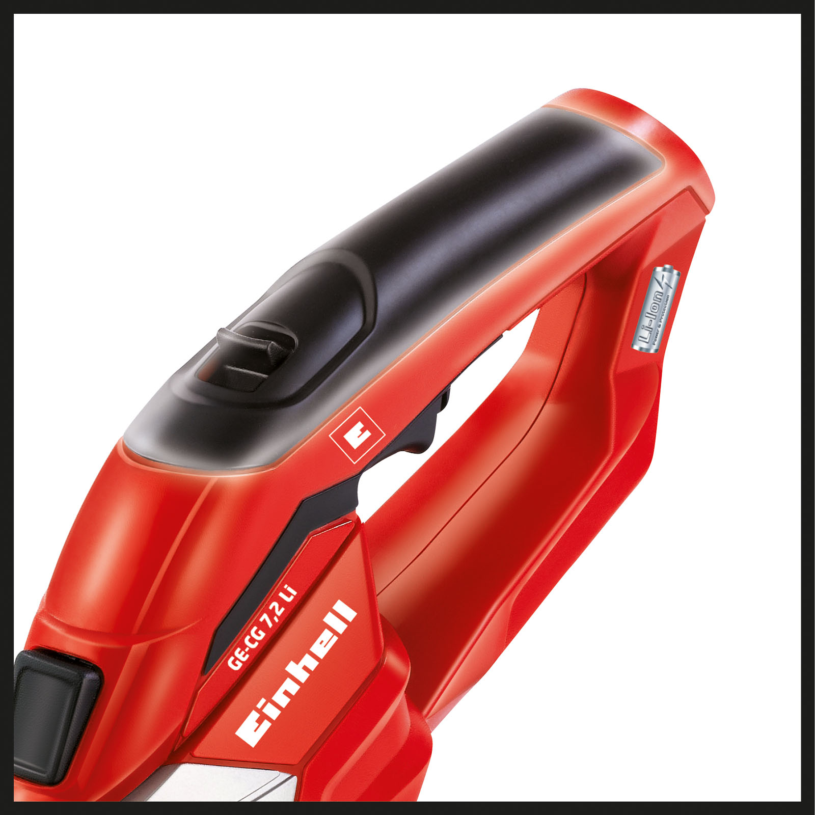 Ein rotes Einhell-Handwerkzeug mit schwarzem Oberteil und weißem Licht. Text enthält 'GE-CG 7,2 Li'.