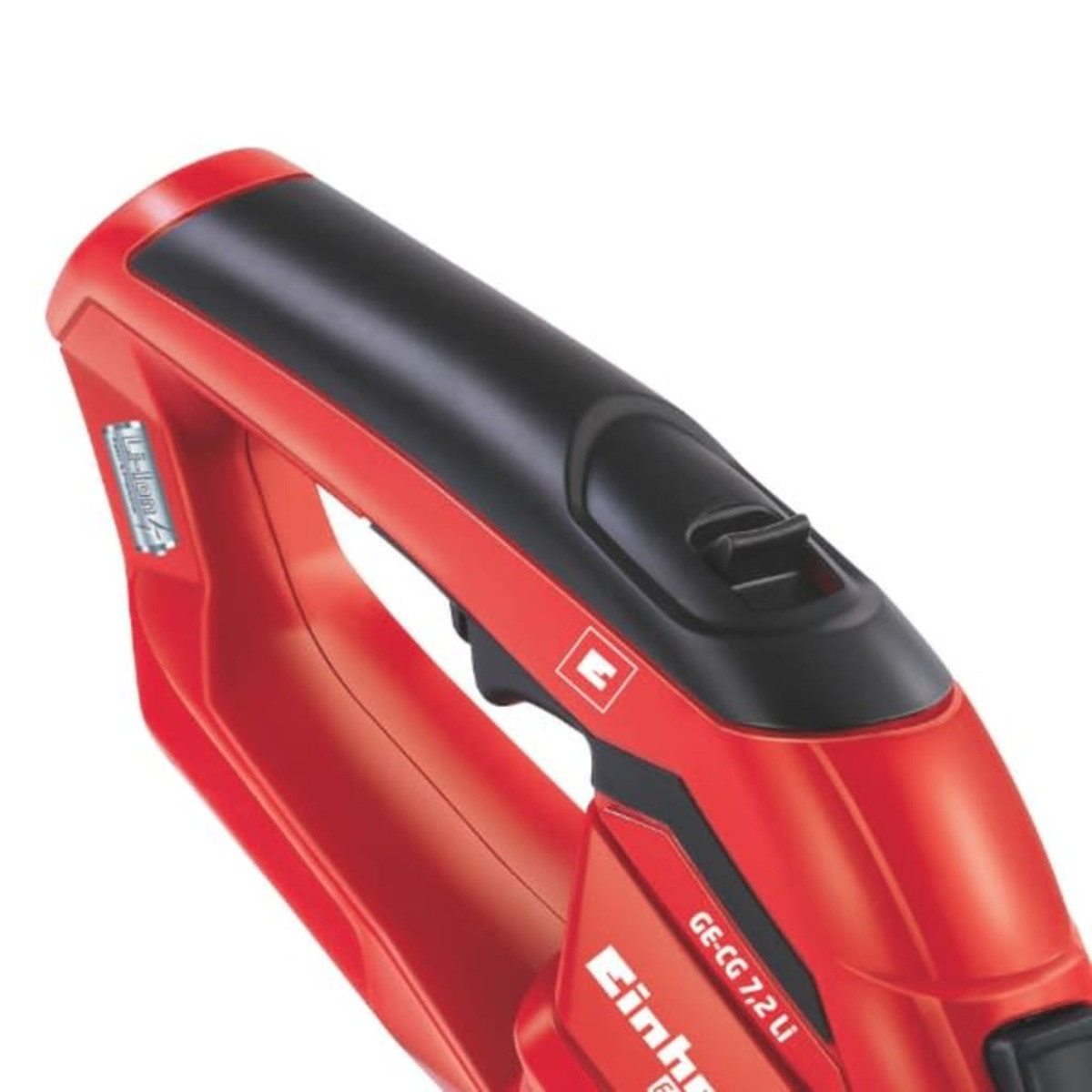 Rotes und schwarzes kabelloses Werkzeug. Es hat einen Griff und einen Schalter oben.