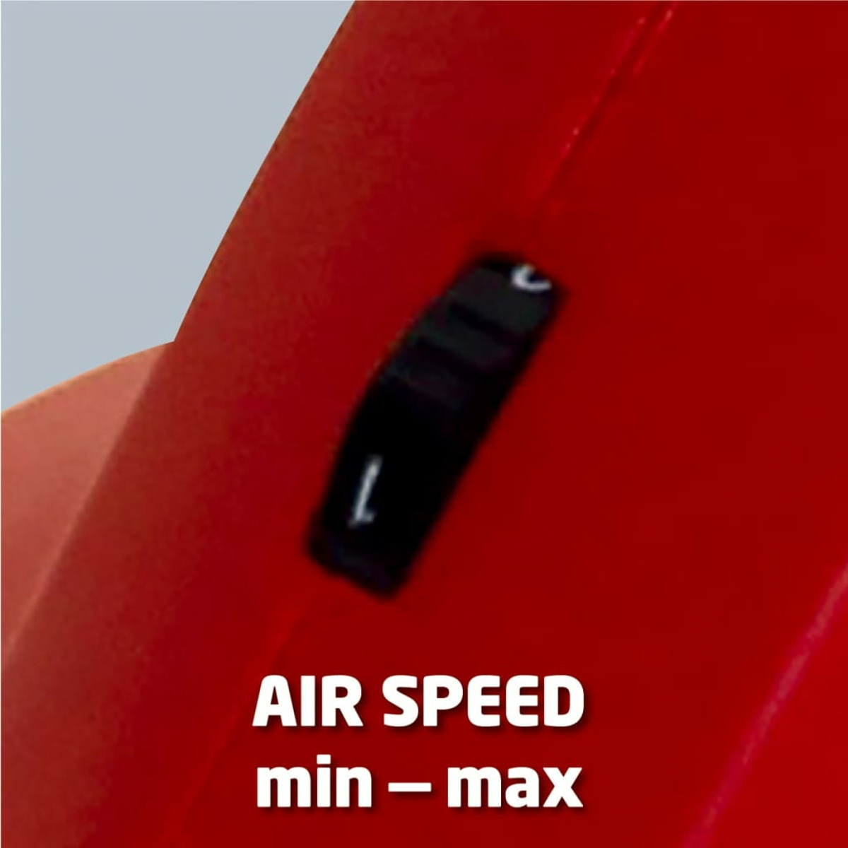 Czerwone narzędzie z ustawieniem prędkości powietrza, z etykietami min i max.