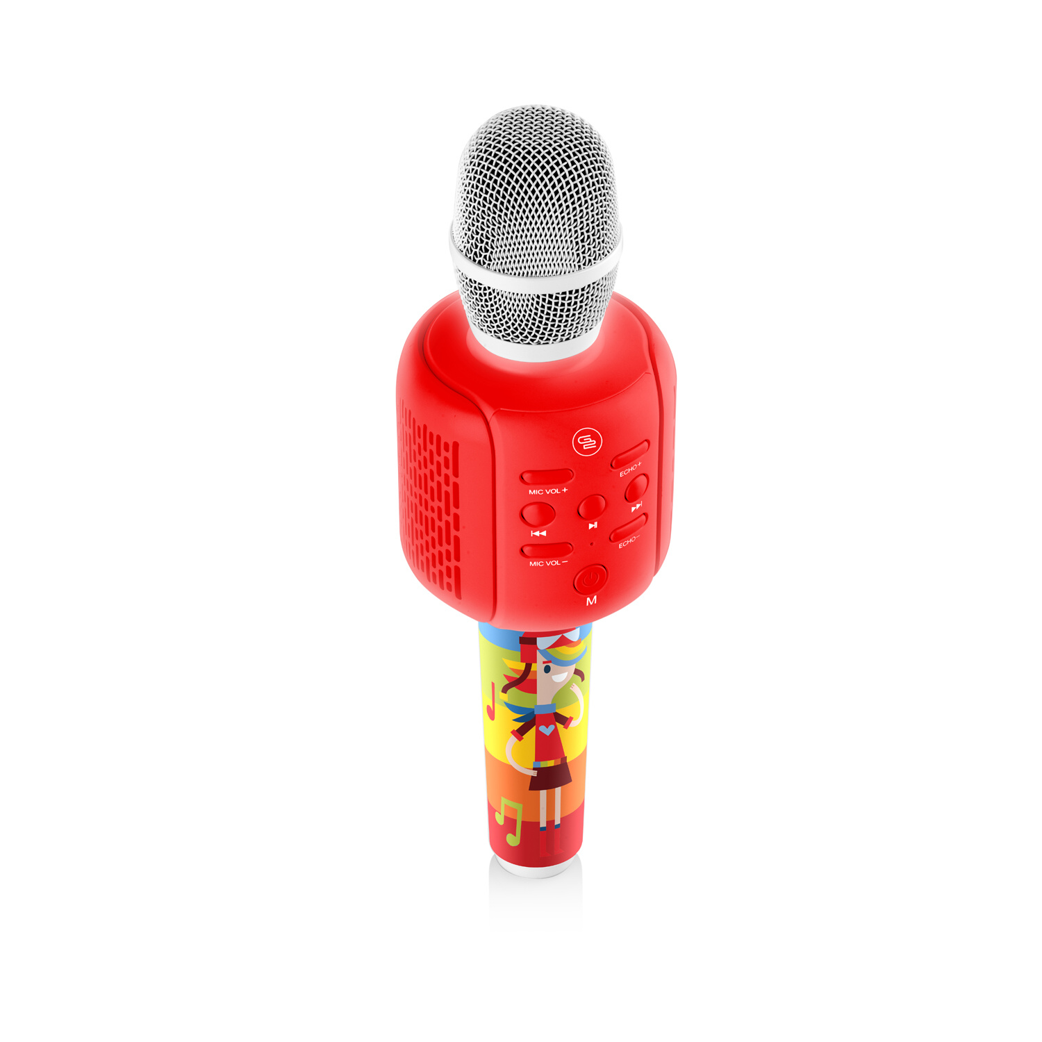 Rotes Karaoke-Mikrofon, Draufsicht. Bedienelemente am Gehäuse, bunter Griff mit Cartoon-Mädchen.