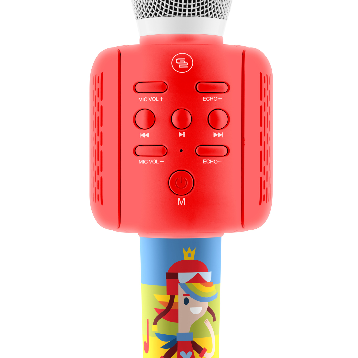 Rotes Karaoke-Mikrofon, Nahaufnahme. Bedienelemente und Cartoon-Mädchen auf dem Griff.
