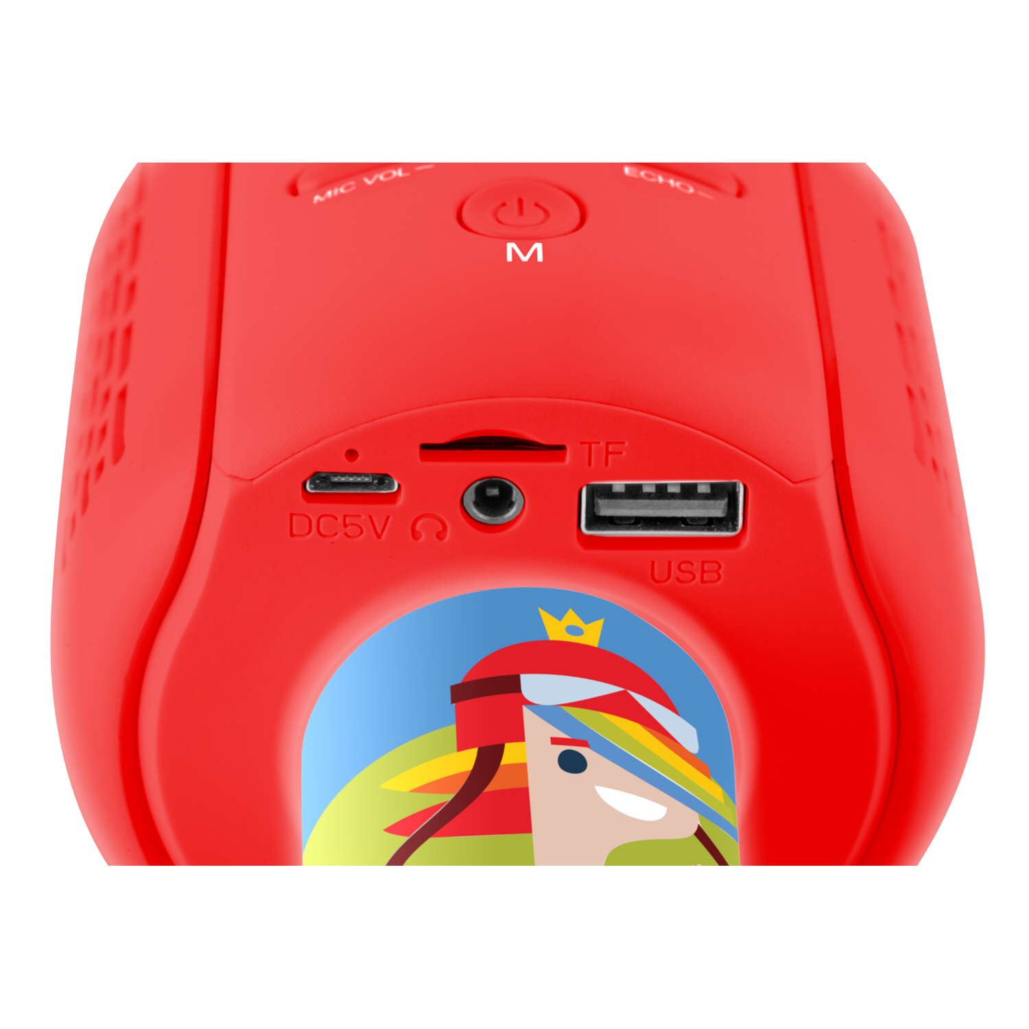 Rotes Karaoke-Mikrofon, Nahaufnahme des Anschlusses. USB, TF und DC5V-Anschluss sichtbar.