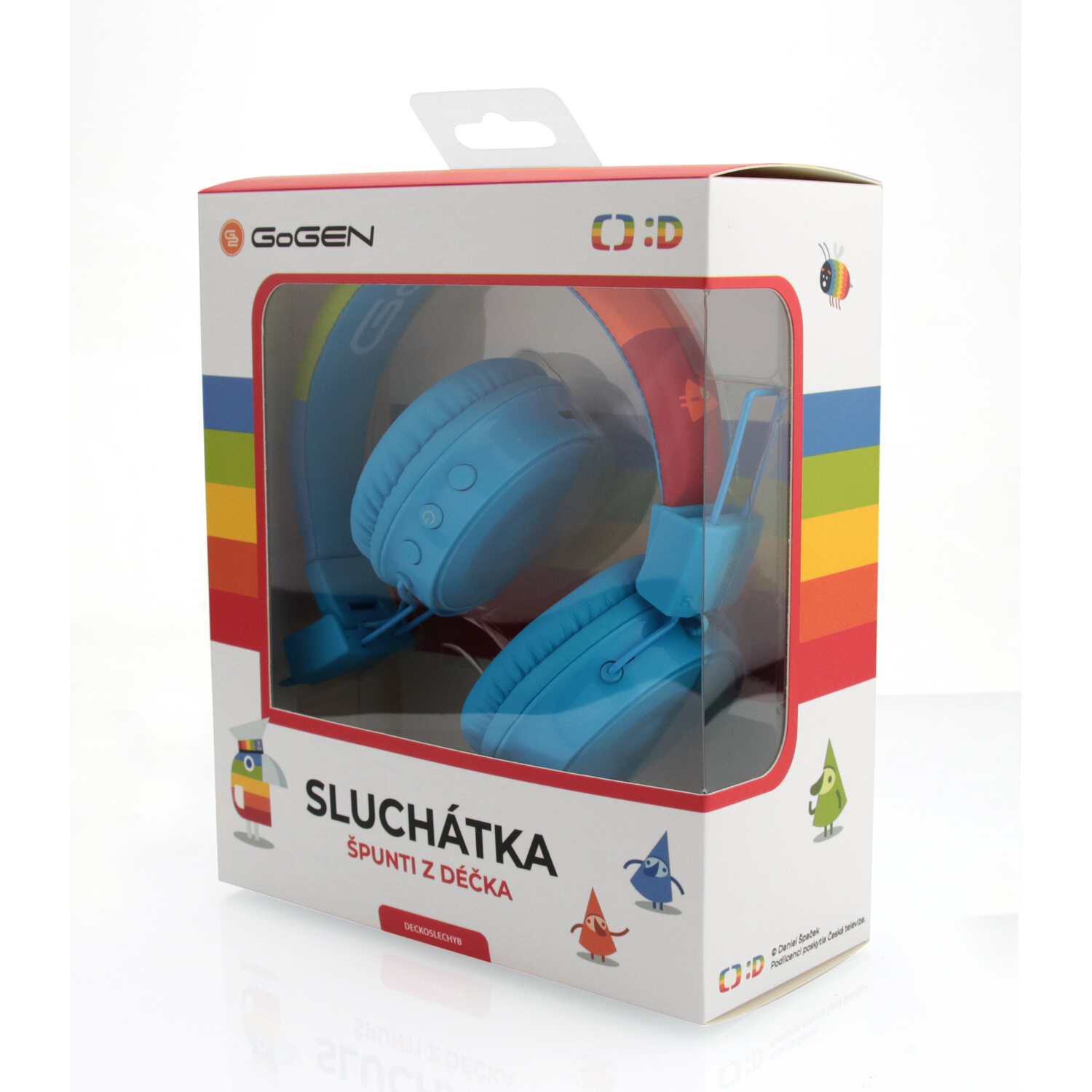 Blaue Kopfhörer in einer Box mit Regenbogen-Details und Zeichentrickfiguren.
