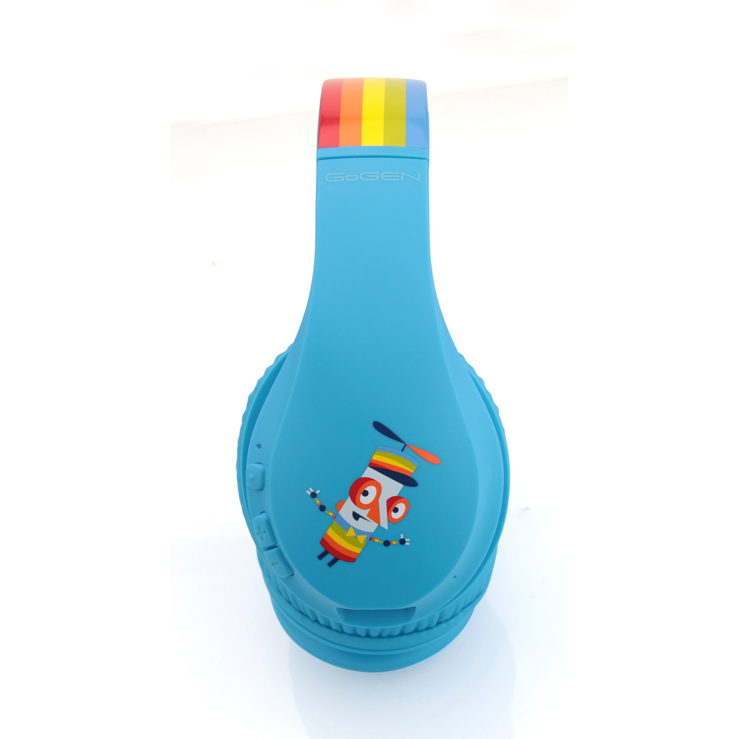 Ein blauer Kopfhörer mit einer Cartoonfigur darauf, Regenbogenfarbenes Stirnband.