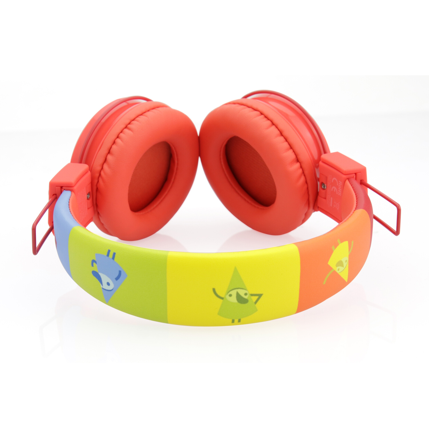 Rote Kinderkopfhörer mit Regenbogen-Kopfband und Cartoonfiguren.