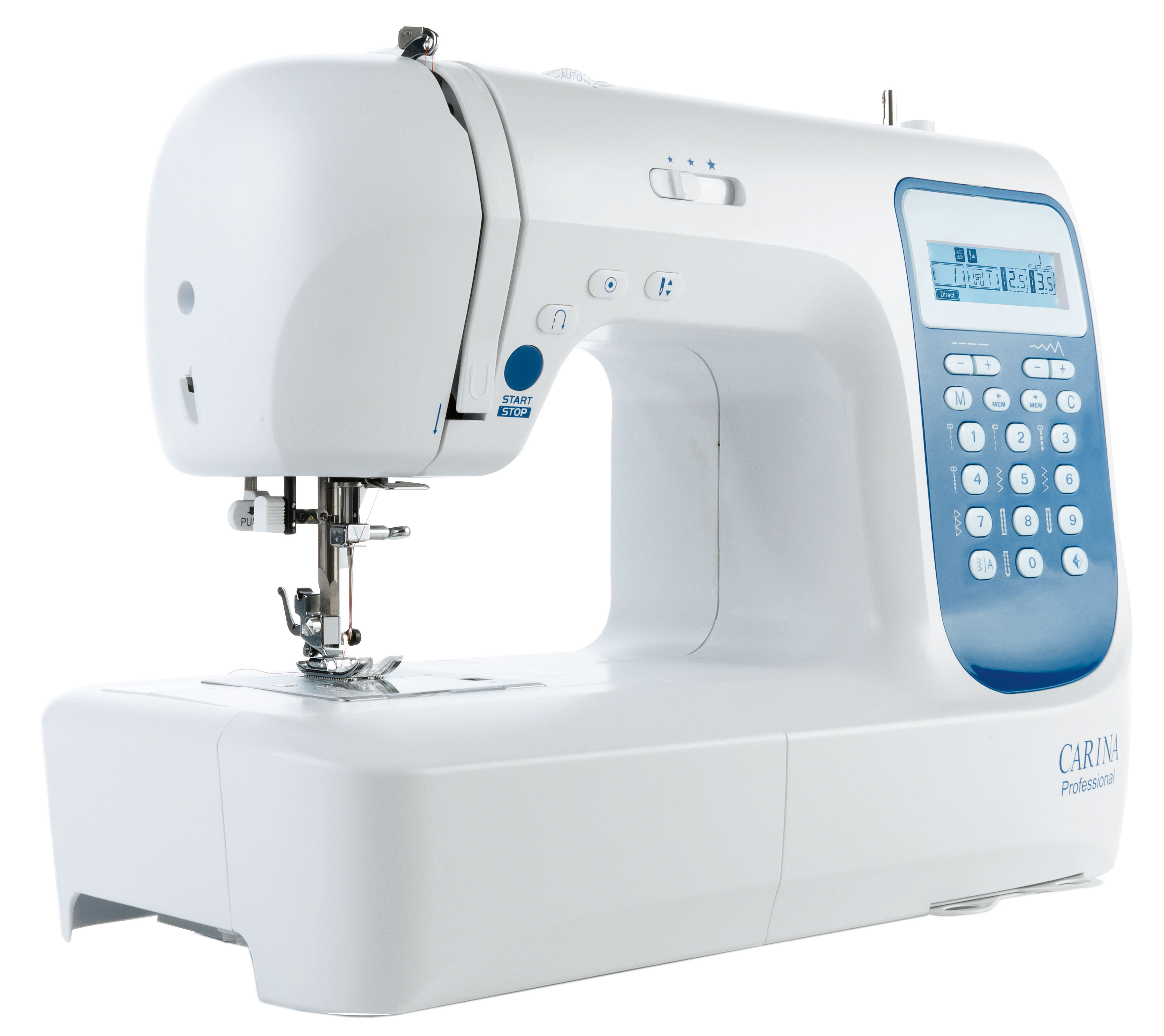 Una máquina de coser blanca y azul con aguja y pantalla.
