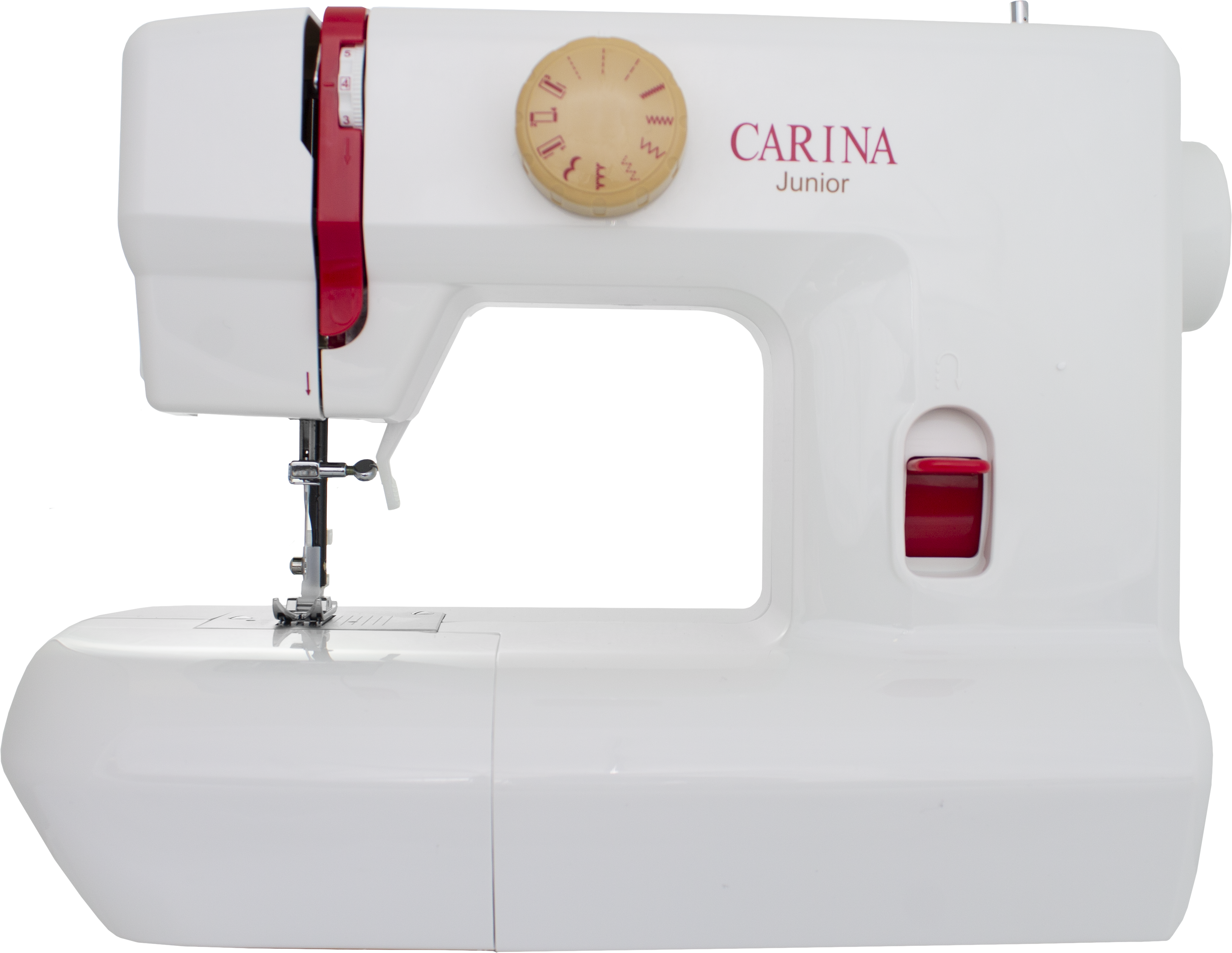 Weiße Carina Junior Nähmaschine mit roten Akzenten, die Maschine steht auf schwarzem Hintergrund.