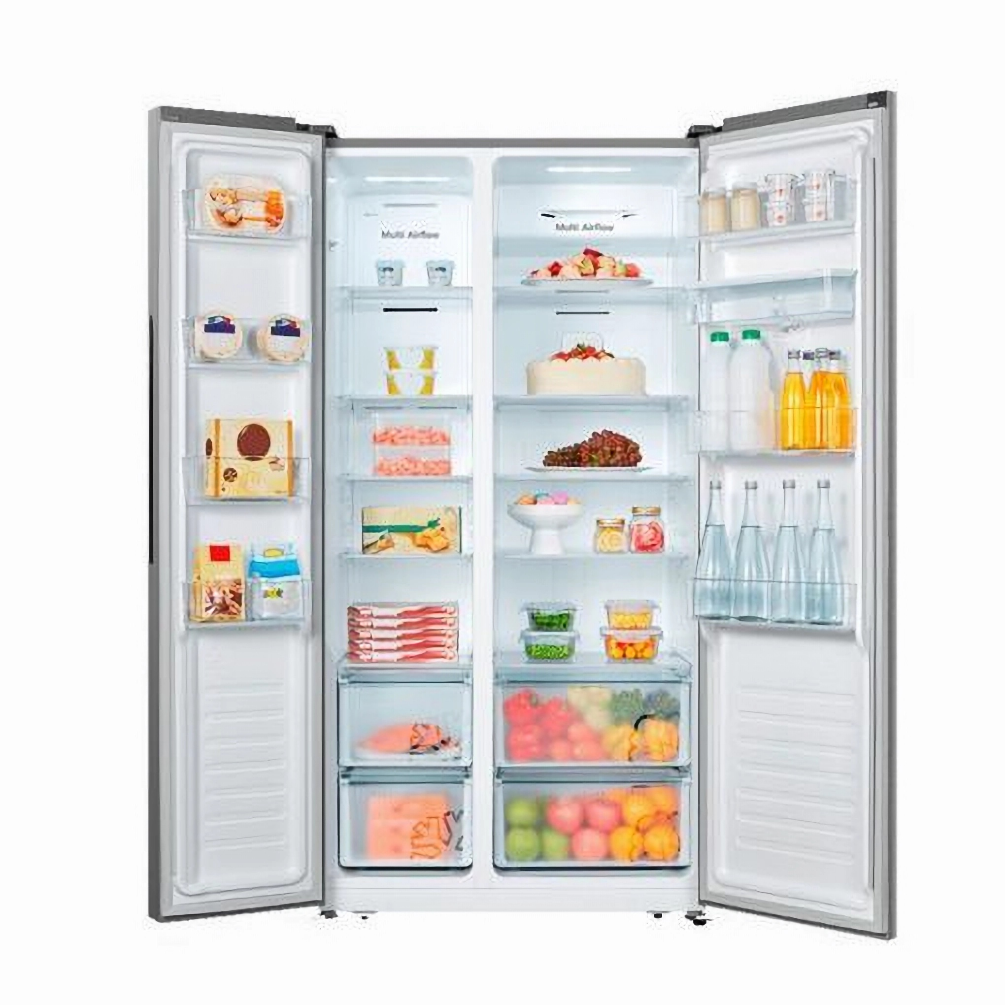 Refrigerador de doble puerta, abierto, lleno de alimentos. Estantes organizados.