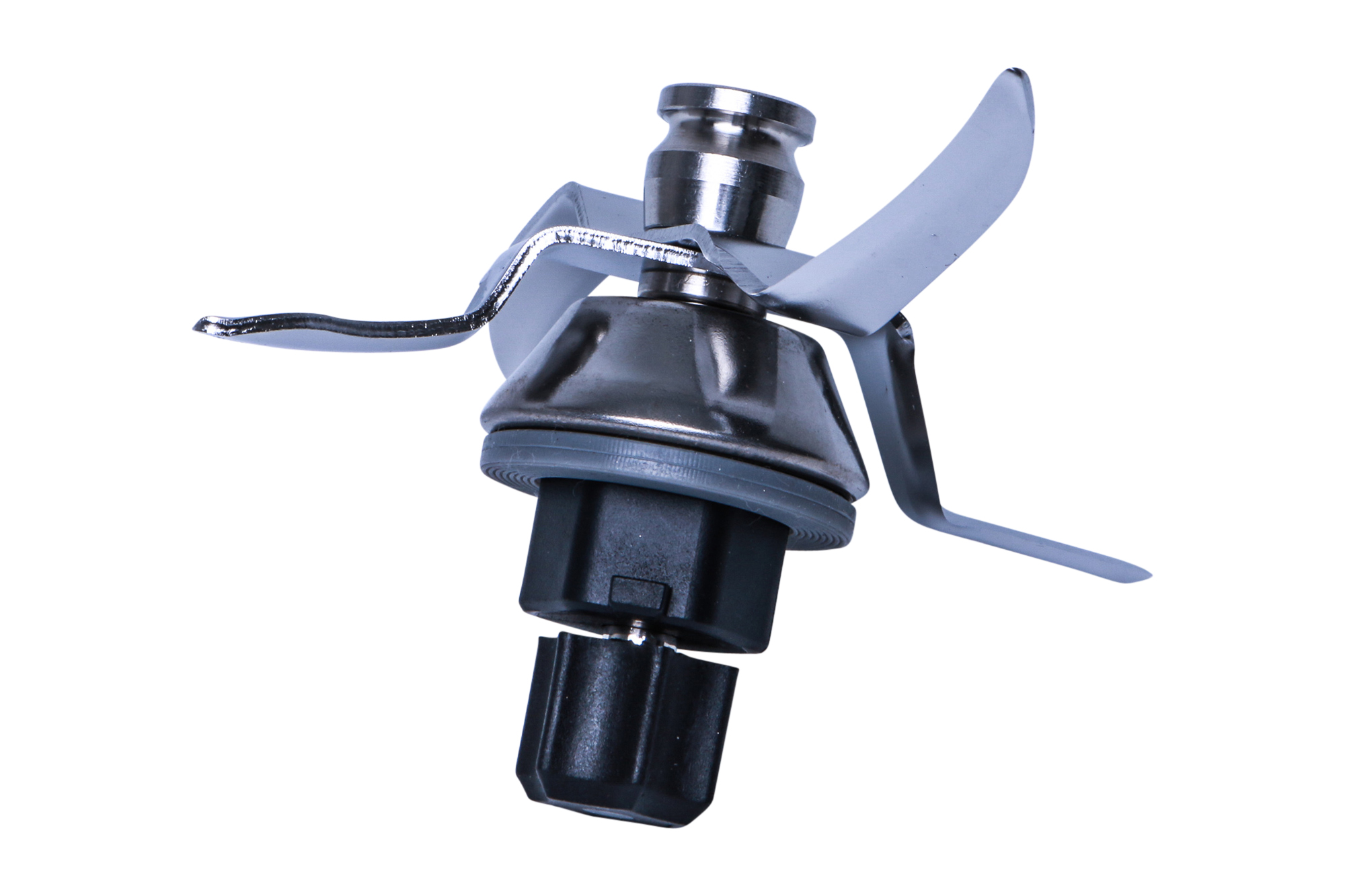 Eine Mixer-Klingenbaugruppe mit einer silbernen Klinge und einer schwarzen Basis.