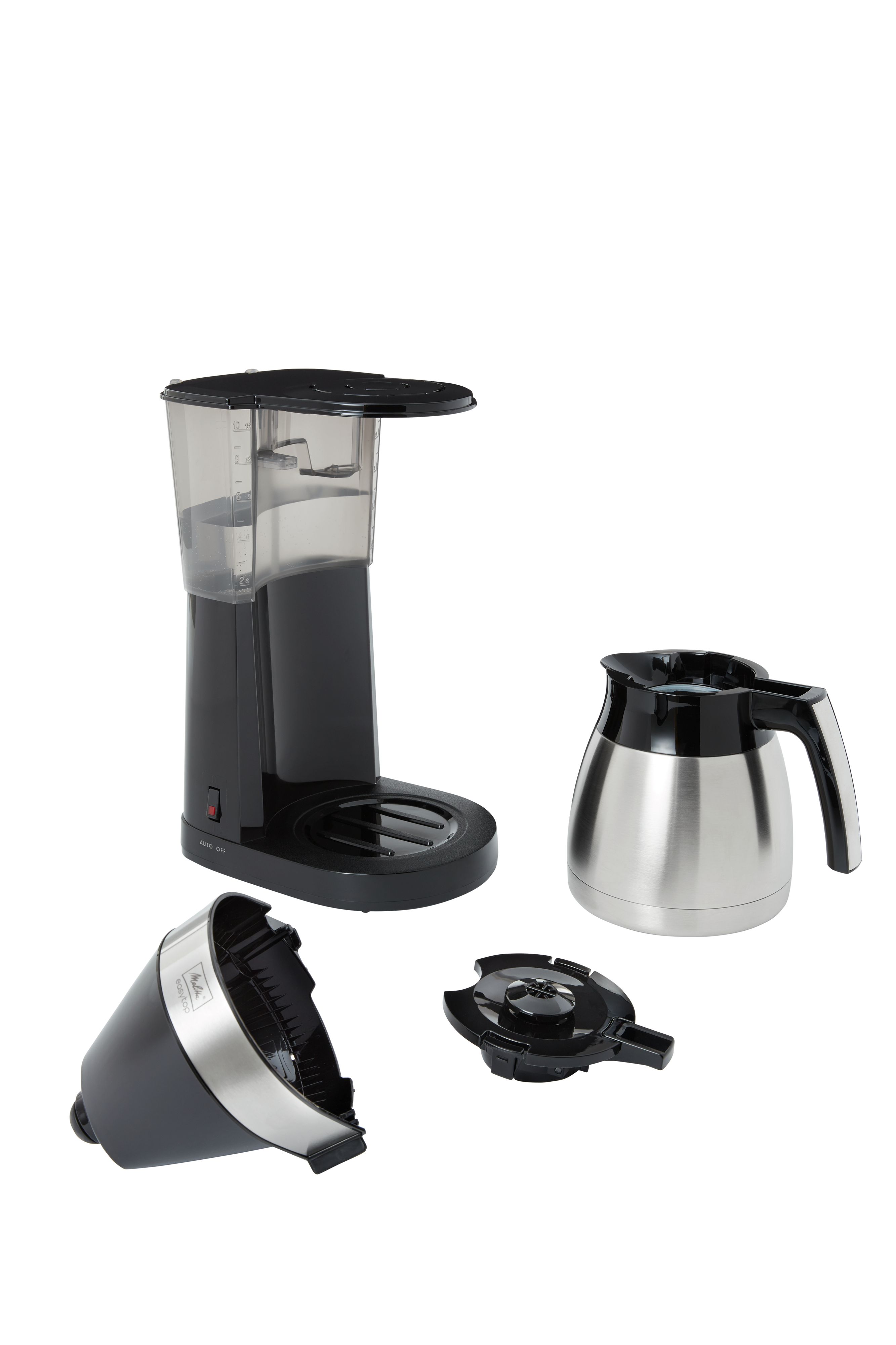 Schwarze Kaffeemaschine mit Edelstahlkanne und separaten Teilen auf weißem Untergrund.