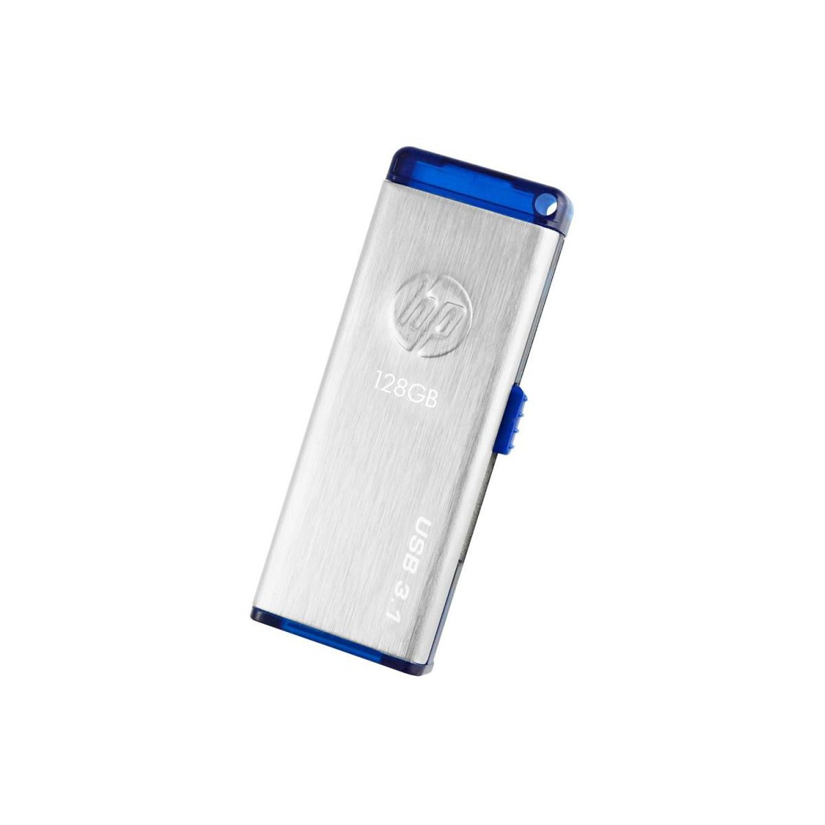 Pen drive USB 3.1 argento e blu su sfondo bianco, leggermente angolato.