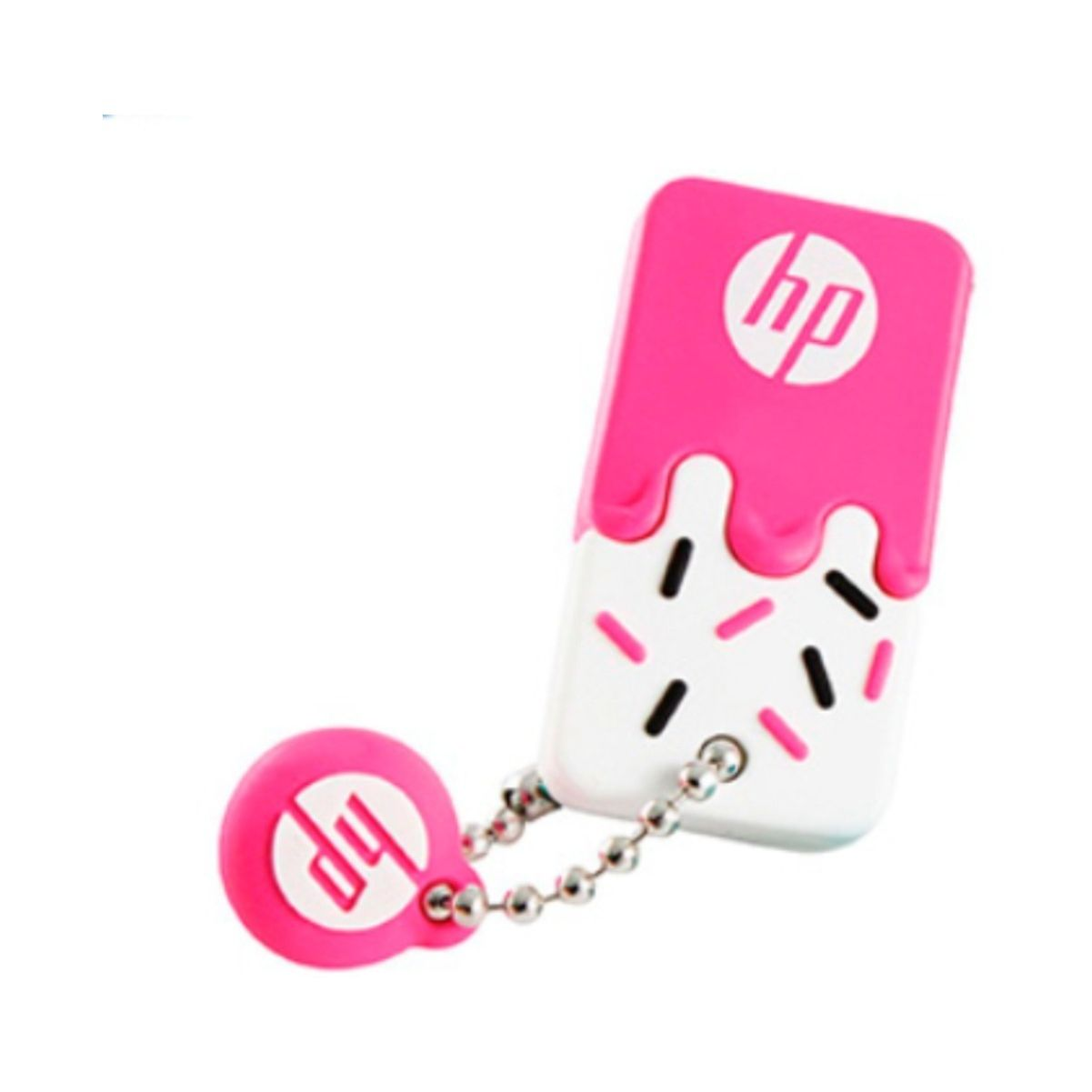 Różowa i biała pamięć USB HP z posypką i różowym brelokiem HP.