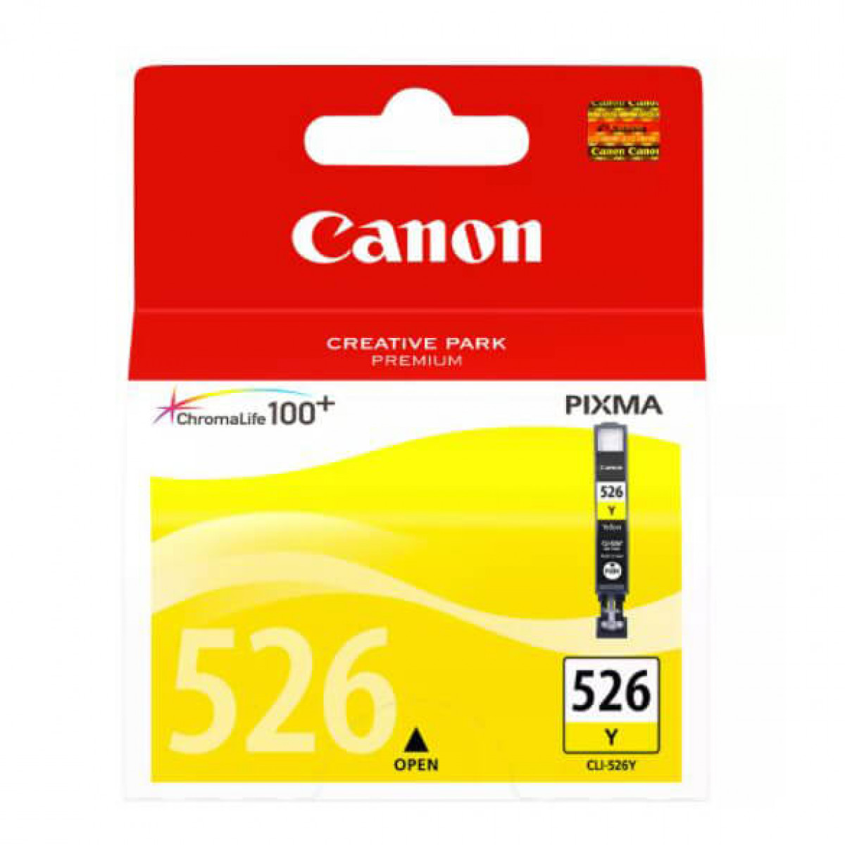 Canon mürekkep kartuş kutusu. Kutu kırmızı, beyaz ve sarı. Kartuş siyahtır.