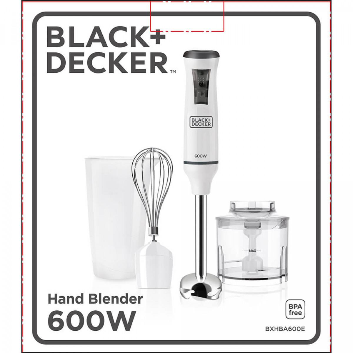 Black+Decker Handmixer-Set mit Zubehör. Weiß, Mixer, Schneebesen und Becher in einem weißen Rahmen.
