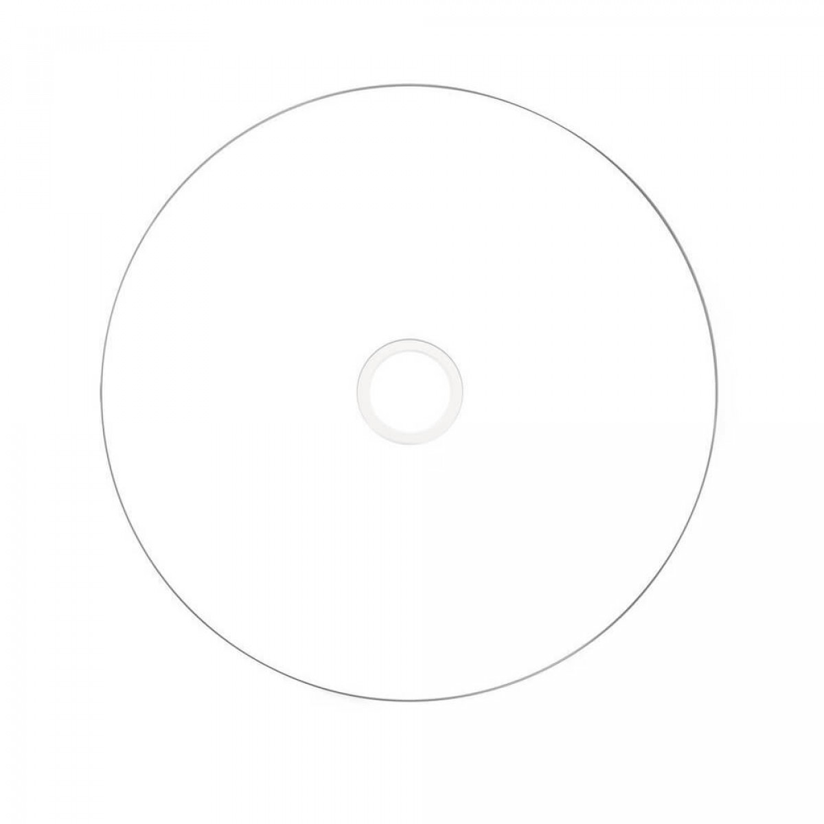 Pusta, srebrna płyta CD na białym tle. Płyta CD ma powierzchnię odbijającą światło.