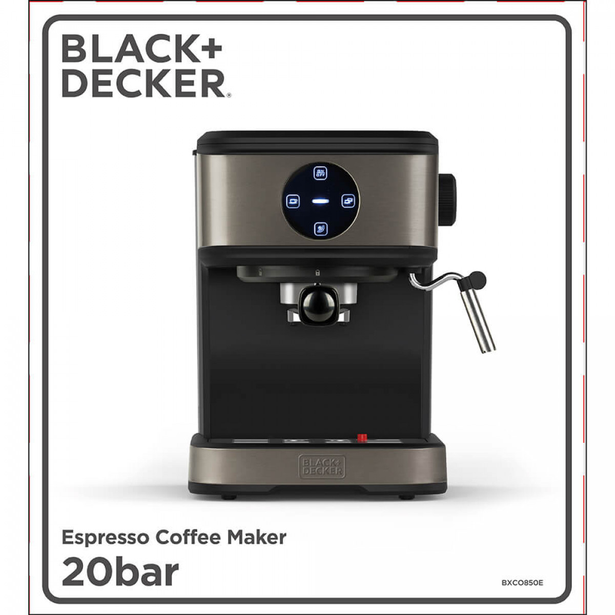 Eine Espressomaschine. Sie hat einen schwarzen Sockel und silberne Akzente. Black+Decker ist sichtbar.