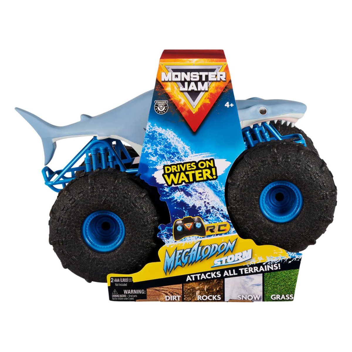 Ciężarówka zabawka Monster Jam Megalodon Storm. Niebieska i czarna, z dużymi czarnymi kołami. Pudełko pokazuje wodę i teren.