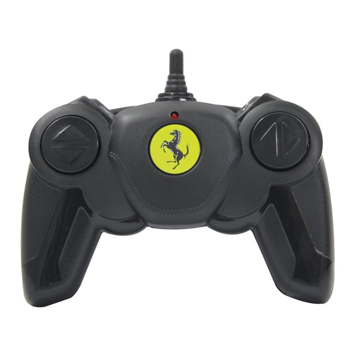 Schwarze Fernbedienung mit Ferrari-Logo auf gelbem Kreis. Pfeile und Zahlen auf der Steuerung.