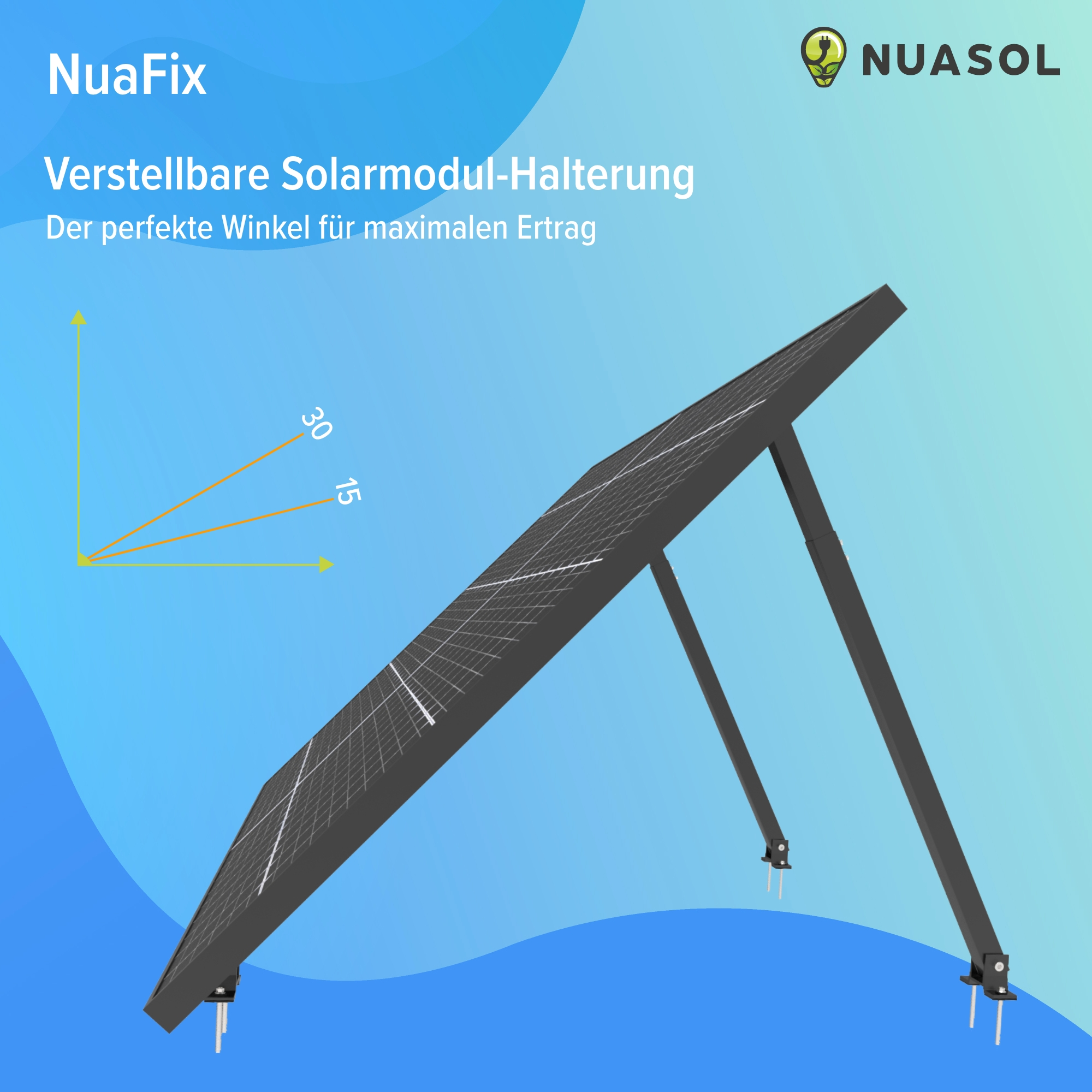Solarpanel auf Metallrahmen. Einstellbare Winkel 15 und 30 Grad. Text: NuaFix, verstellbare Solarmodulhalterung.