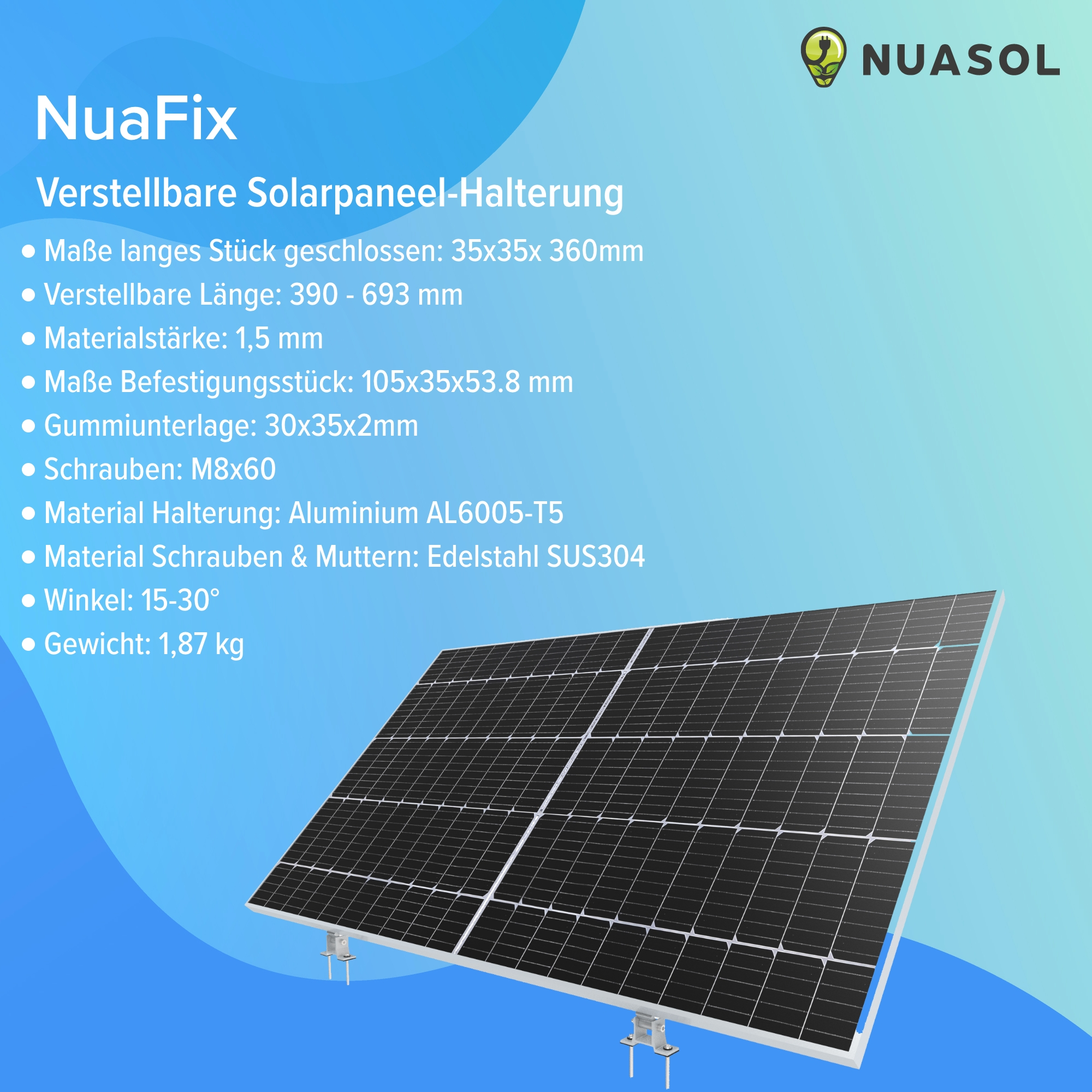 Solarpanel-Diagramm mit Abmessungen und Spezifikationen. Enthält Details zur Halterung.
