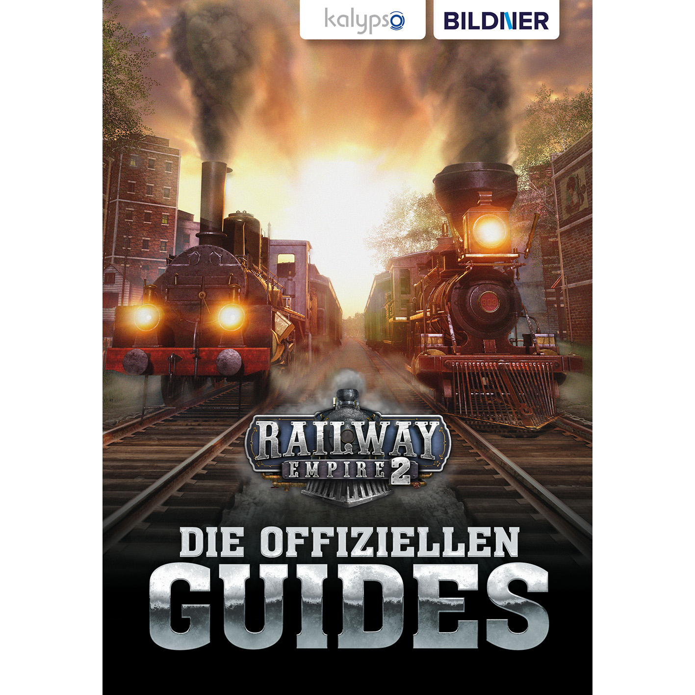 Railway Empire 2 Spielcover, zwei Lokomotiven, Bahngleise und Gebäude.