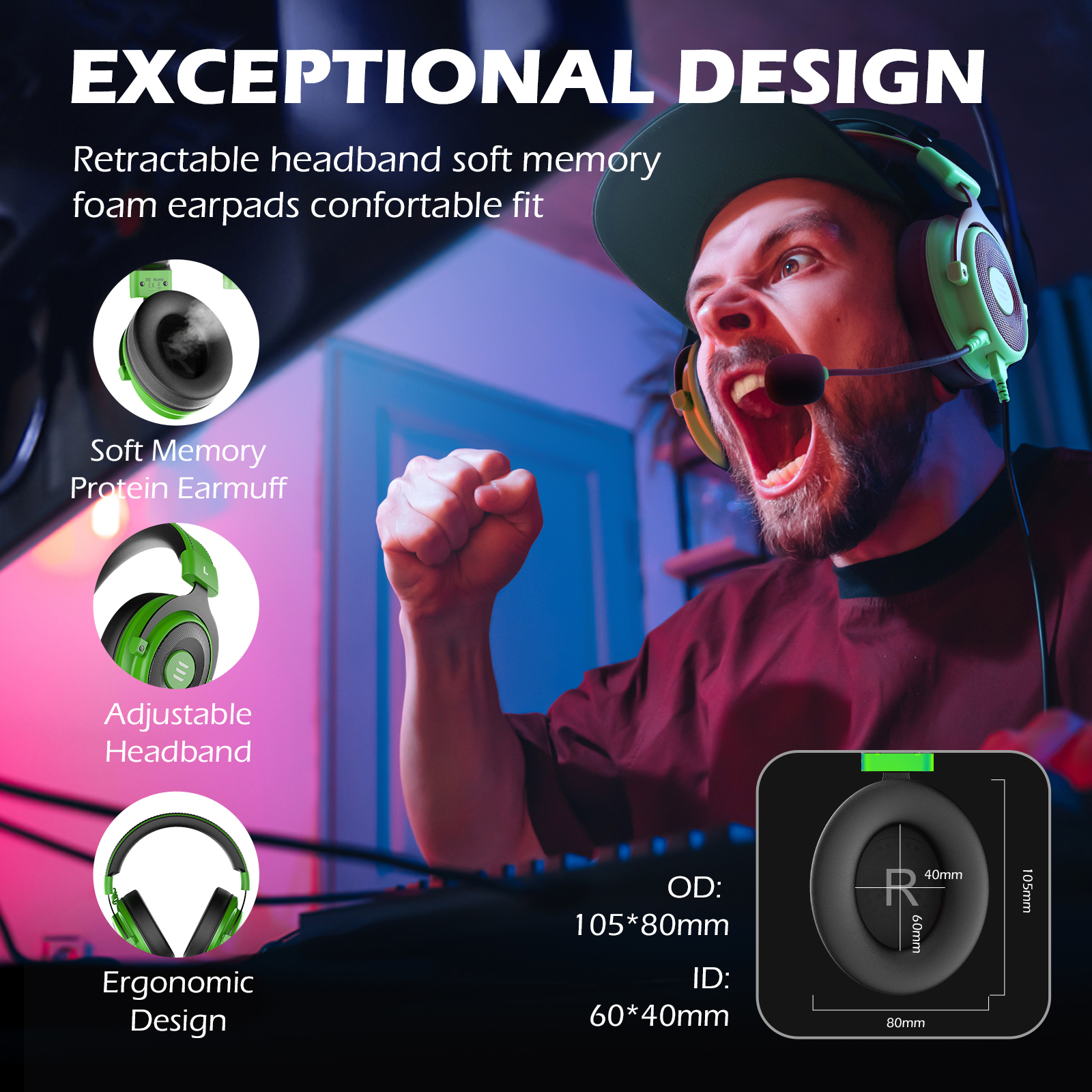 Gaming EKSA-TRADE Headset Over-ear Headset, E900pro Gaming Green