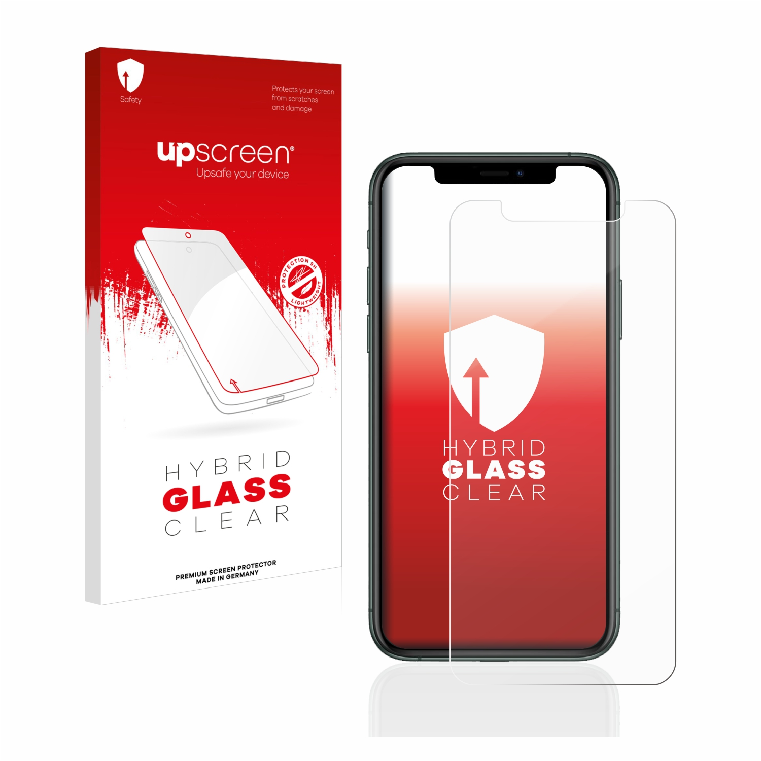 Telefon-Displayschutzbox und Telefon mit Schutz. Rote und weiße Box.