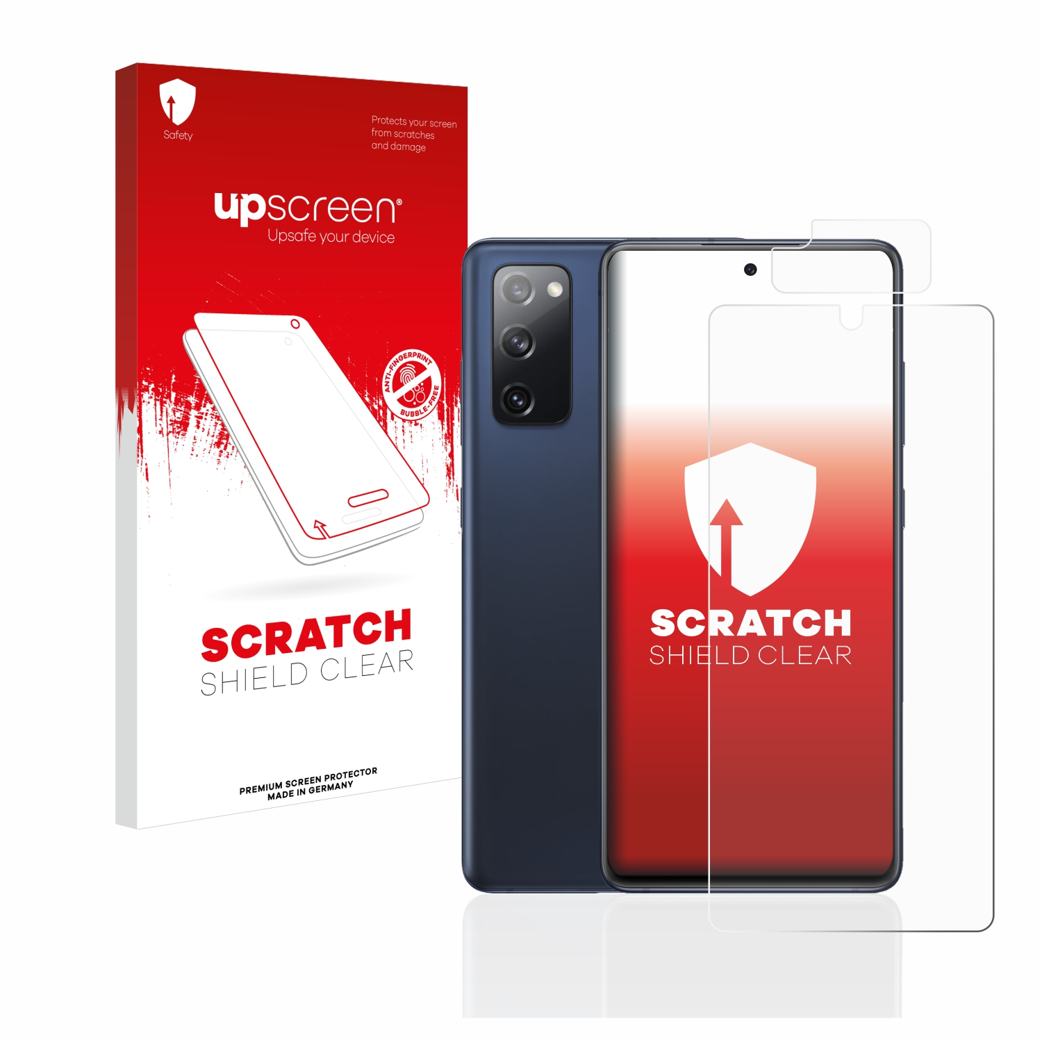 Telefon mit Displayschutzfolie, eine Schachtel mit Bildern und Texten zum Displayschutz.