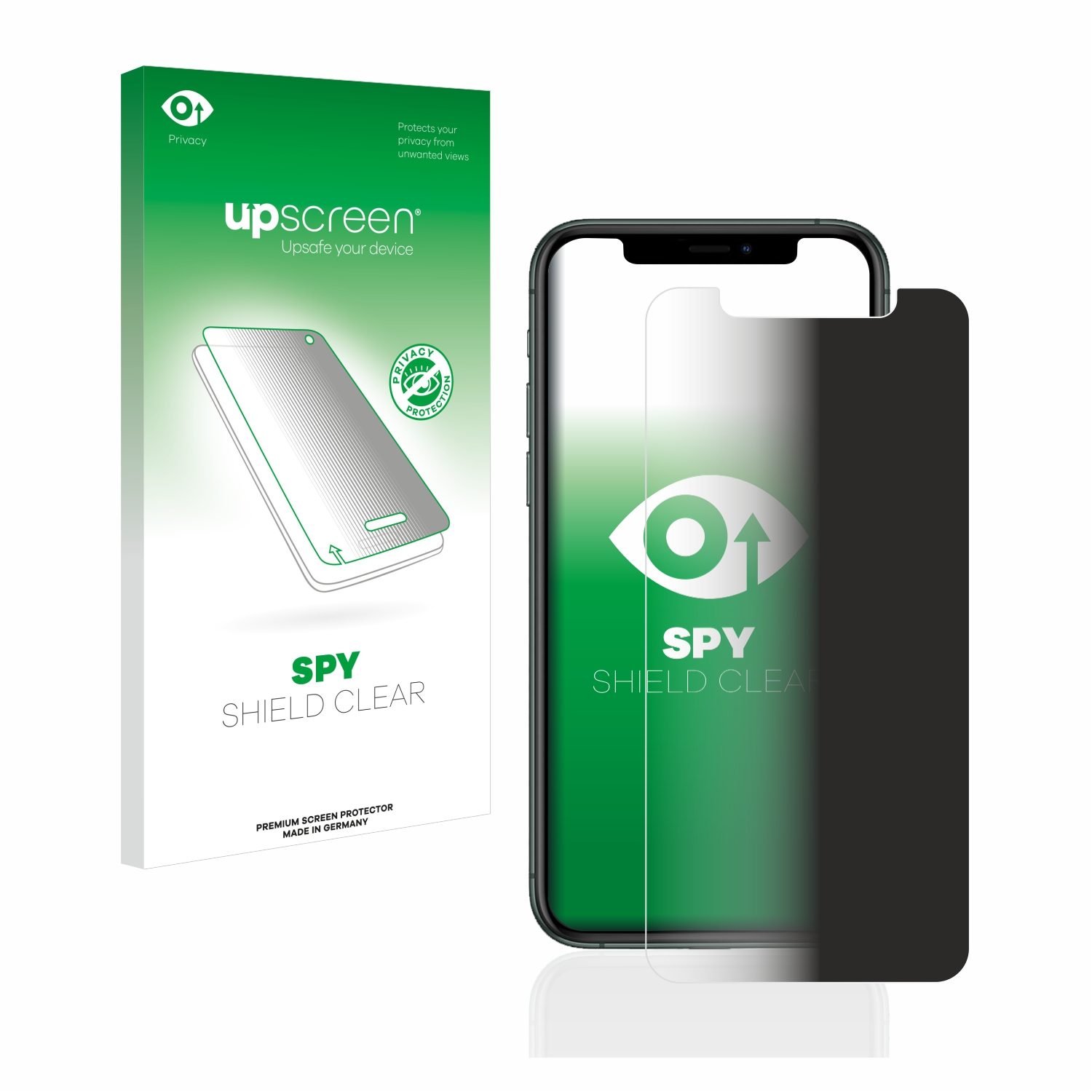 Displayschutzfolienbox und Telefon mit Displayschutzfolie. Der Schutz ist schwarz.