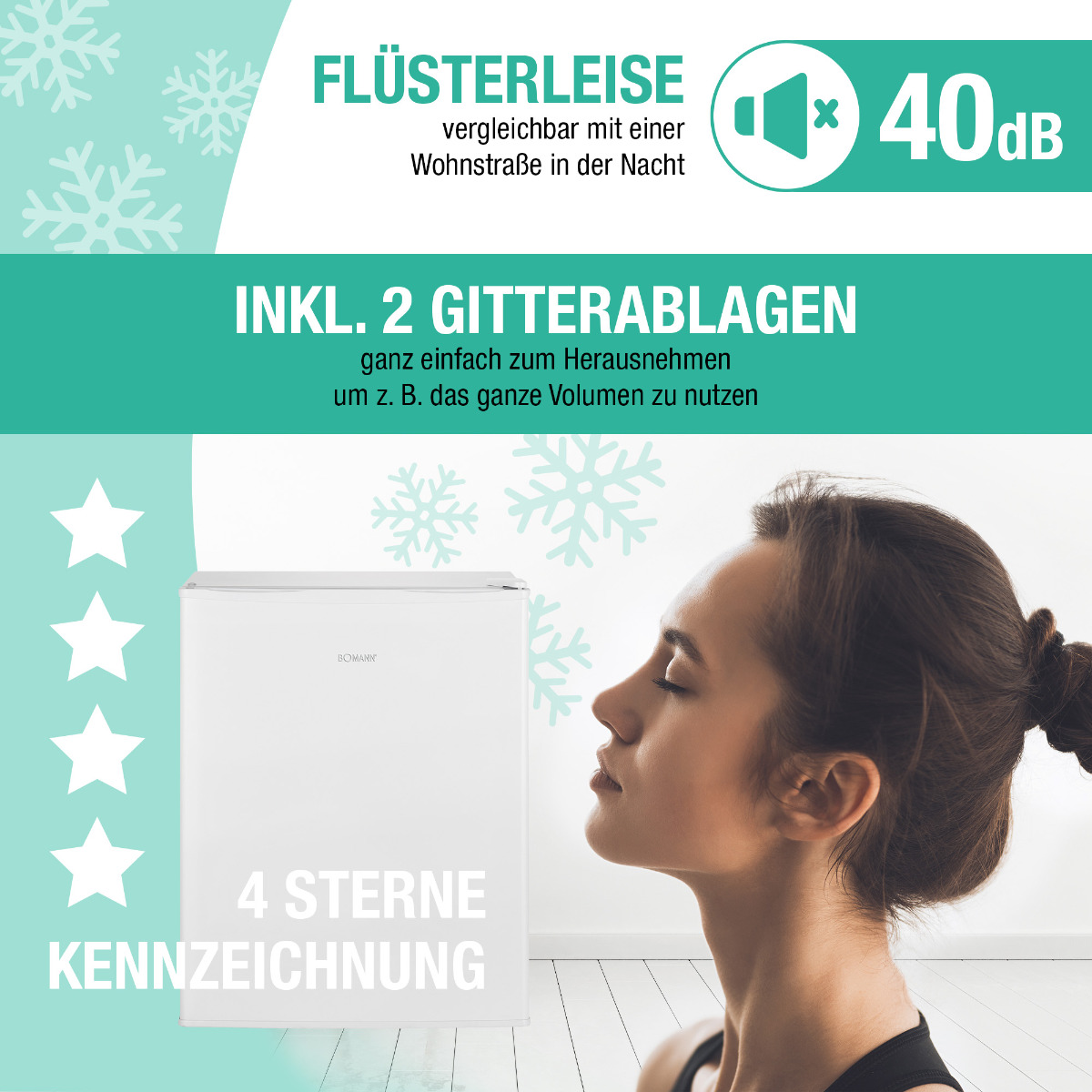 Ein weißer Kühlschrank mit Text und einer Frau im Hintergrund, Schneeflocken und Sterne.